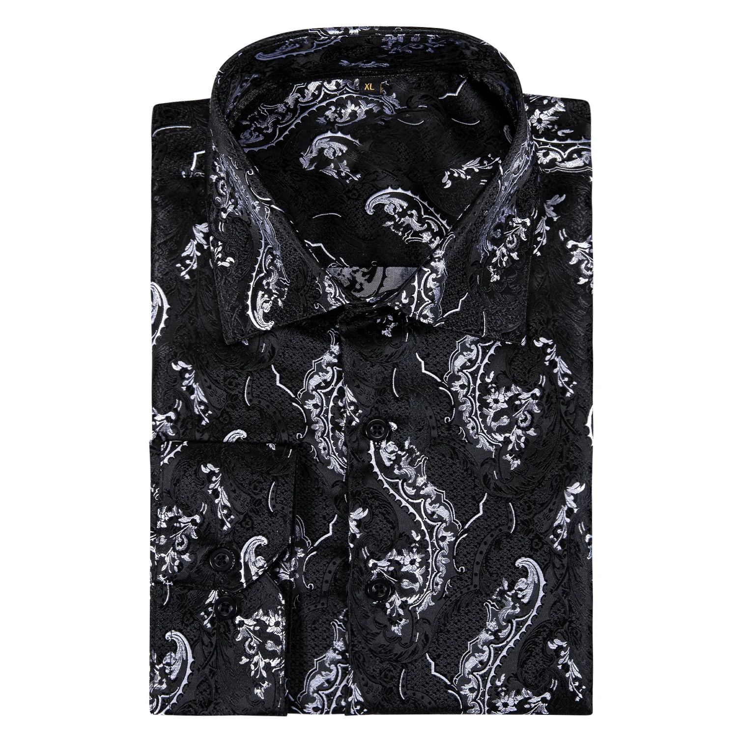 New Black White Floral Style Silk Men's Long Sleeve Shirt