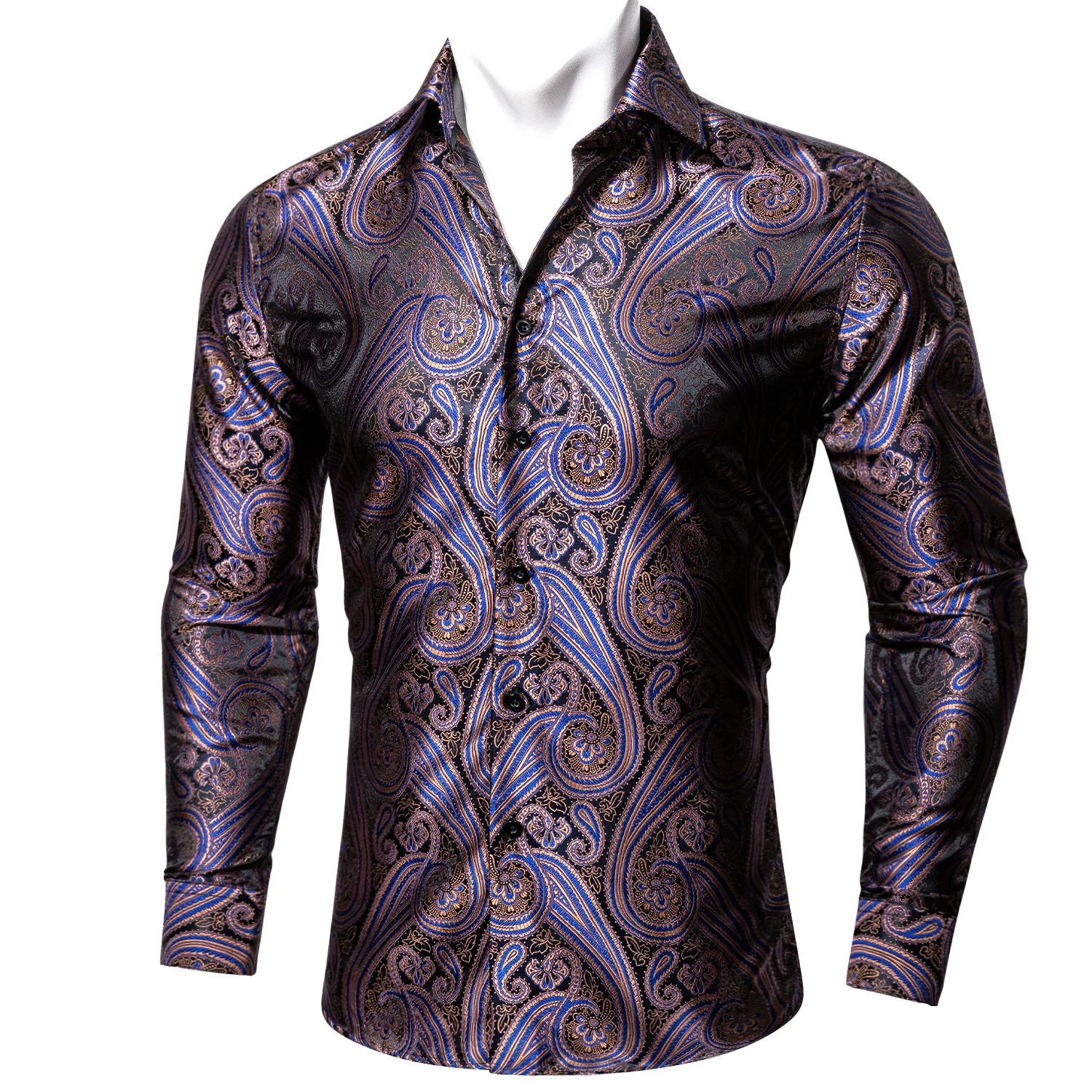 New Silver Purple Blue Paisley Pattern Silk Men's Long Sleeve Shirt