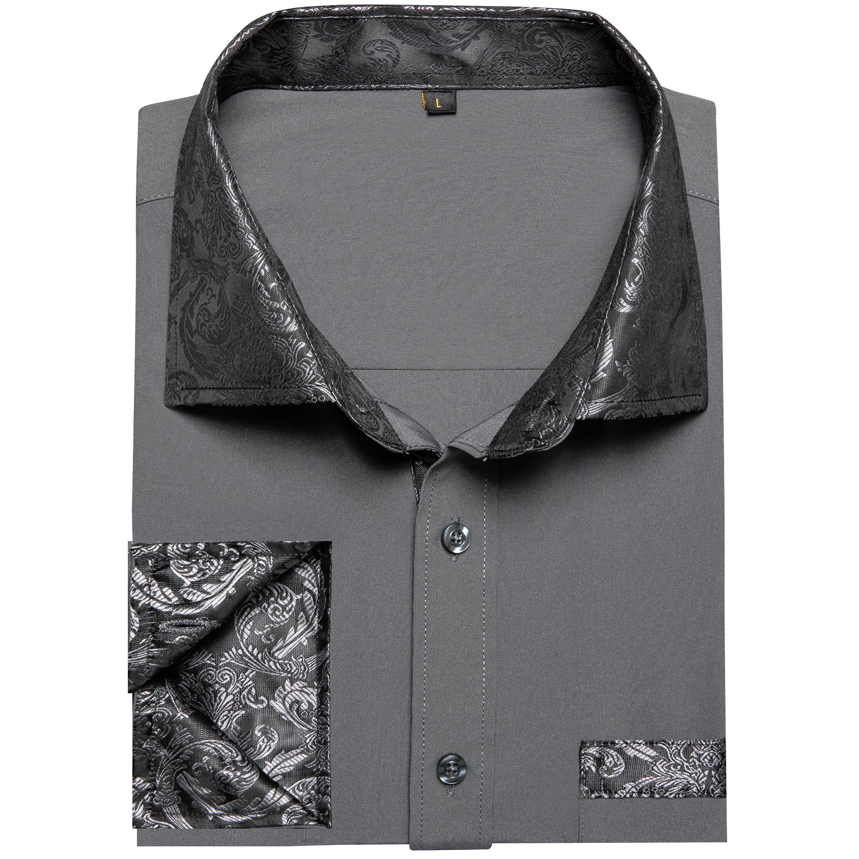 Splicing Style Grey with Black Paisley Edge Men's Solid Long Sleeve Shirt