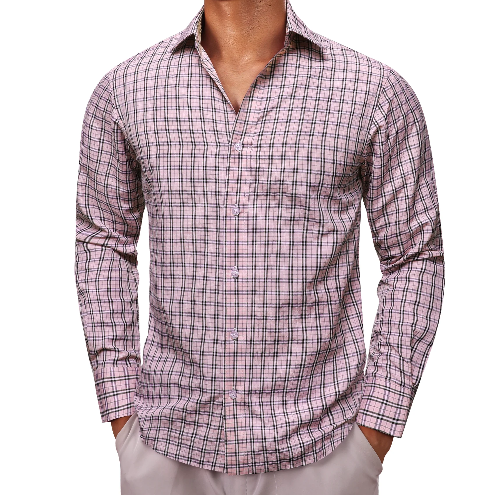 Pink Black Small Plaid Men's Long Sleeve Work Shirt