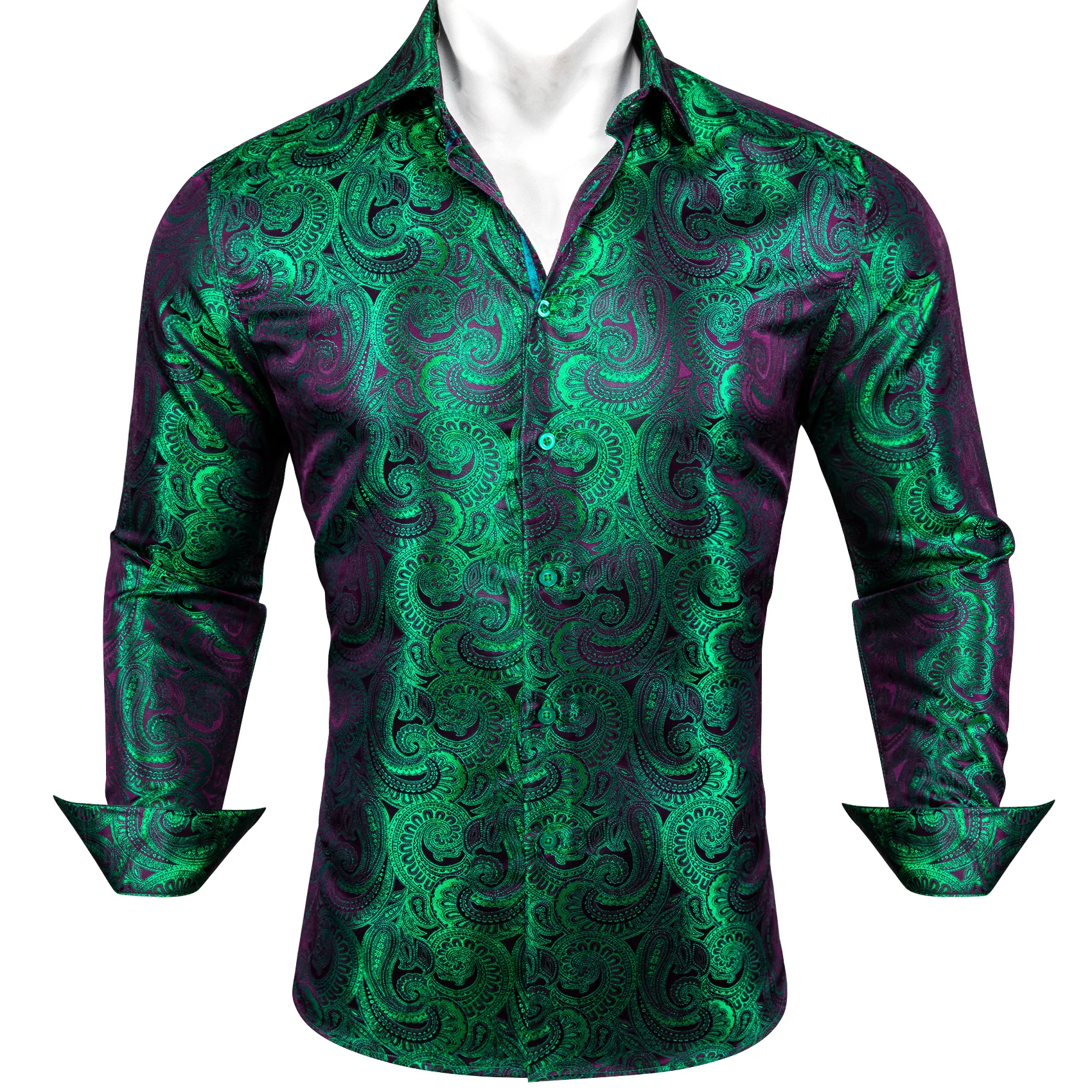 New Luxury Purple Green Gradient Paisley Pattern Silk Men's Long Sleeve Shirt