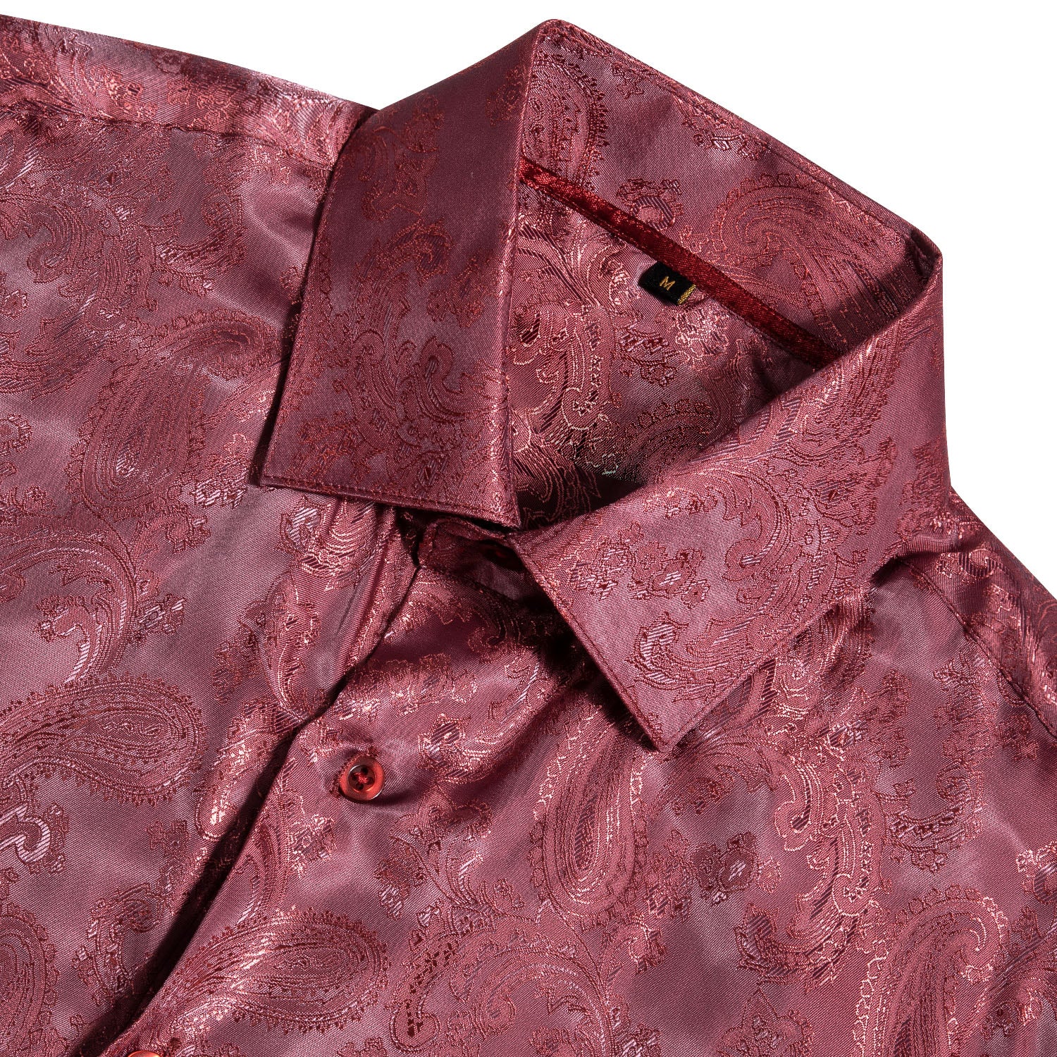 Metallic Red Paisley Pattern Silk Men's Long Sleeve Shirt