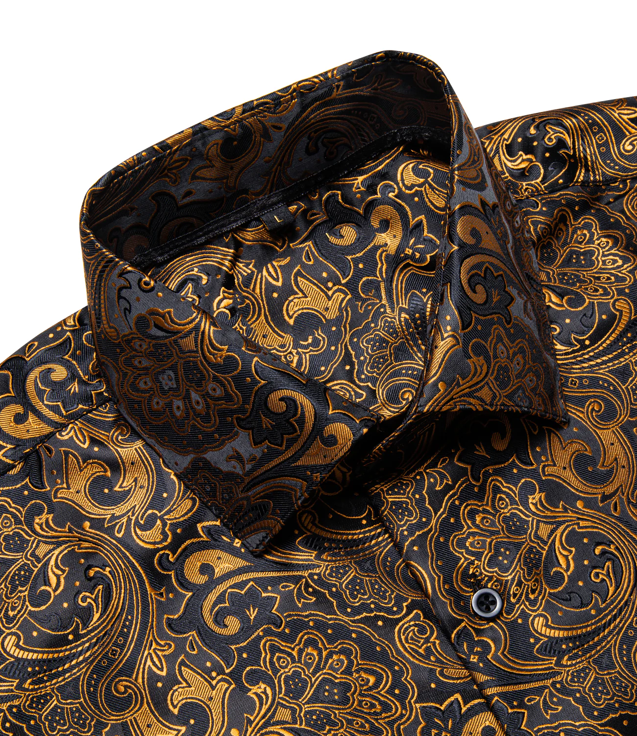 Black Golden Floral Silk Men's Long Sleeve Shirt