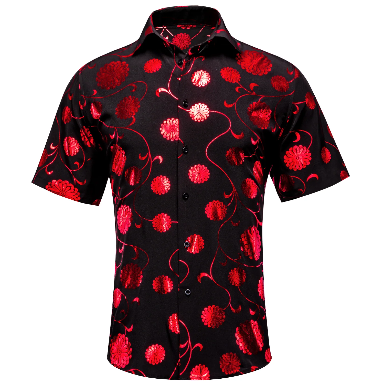 New Black Shirt with Red Chrysanthemum Floral Silk Men's Short Sleeve Shirt