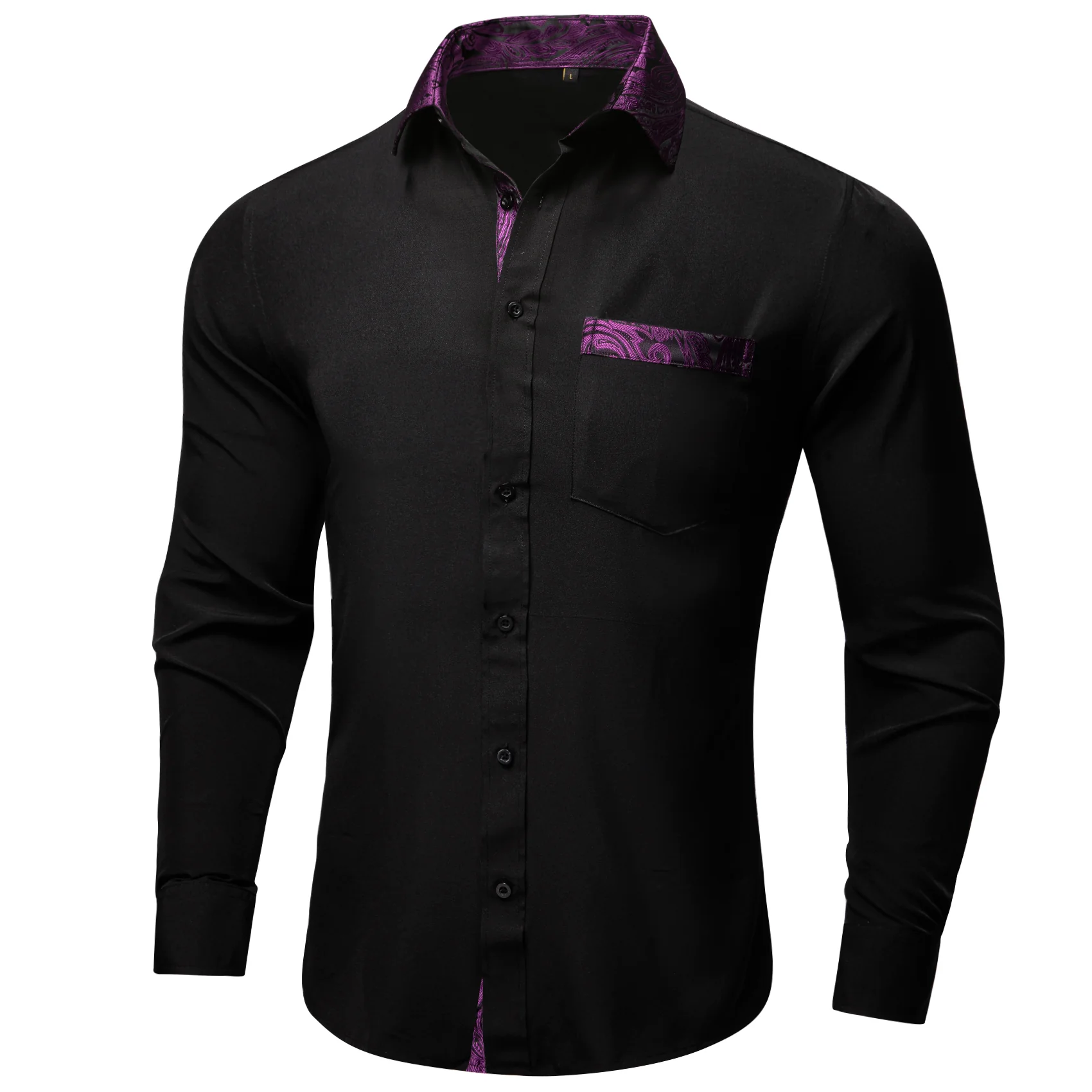 Splicing Style Black with Purple Paisley Edge Men's Solid Long Sleeve Shirt