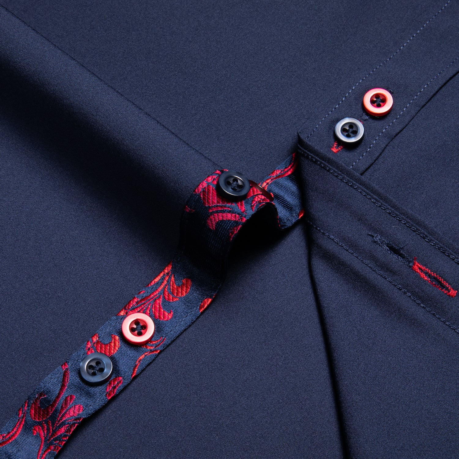 New Splicing Style Dark Blue with Red Floral Edge Men's Long Sleeve Shirt