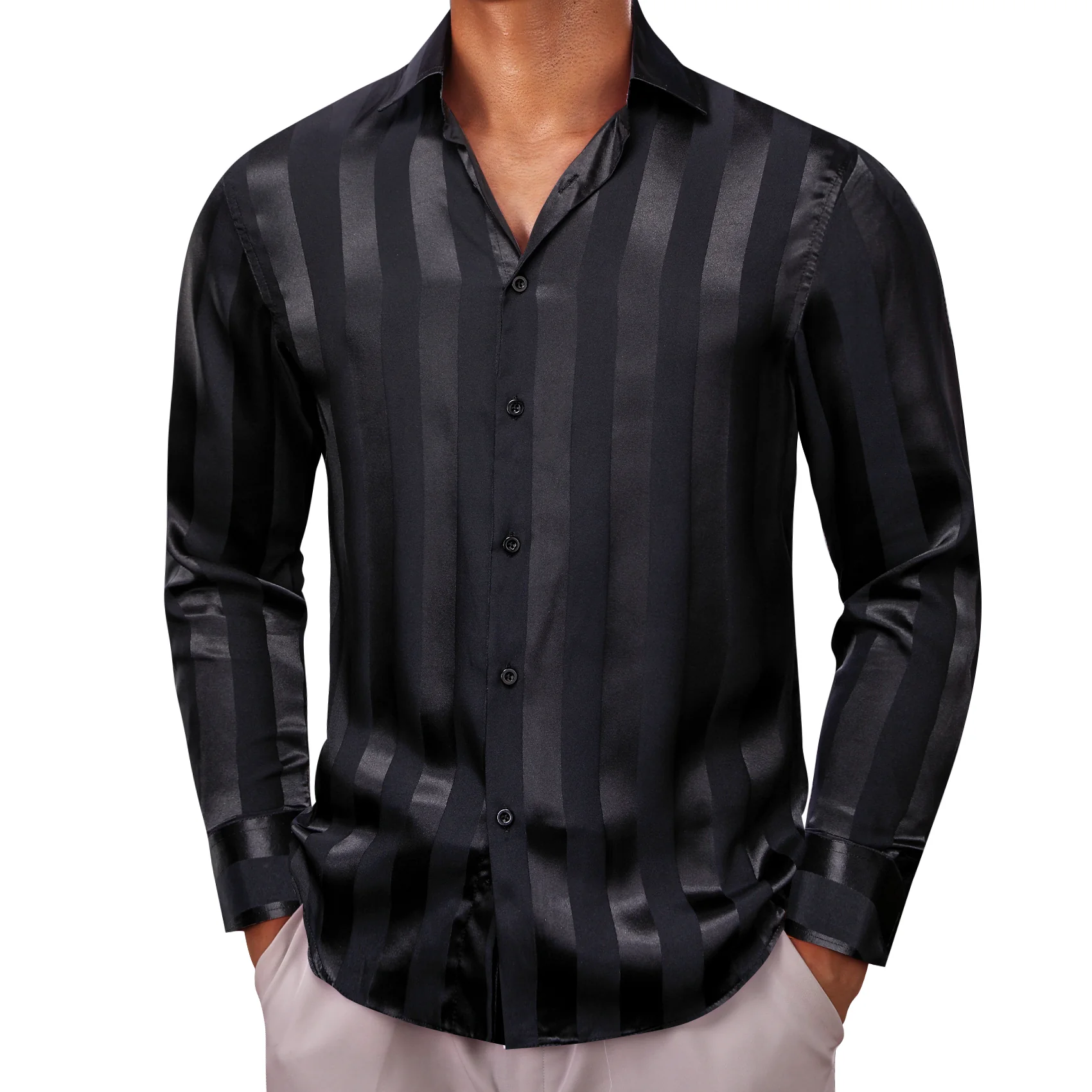 Black Striped Shiny Satin Men's Long Sleeve Shirt