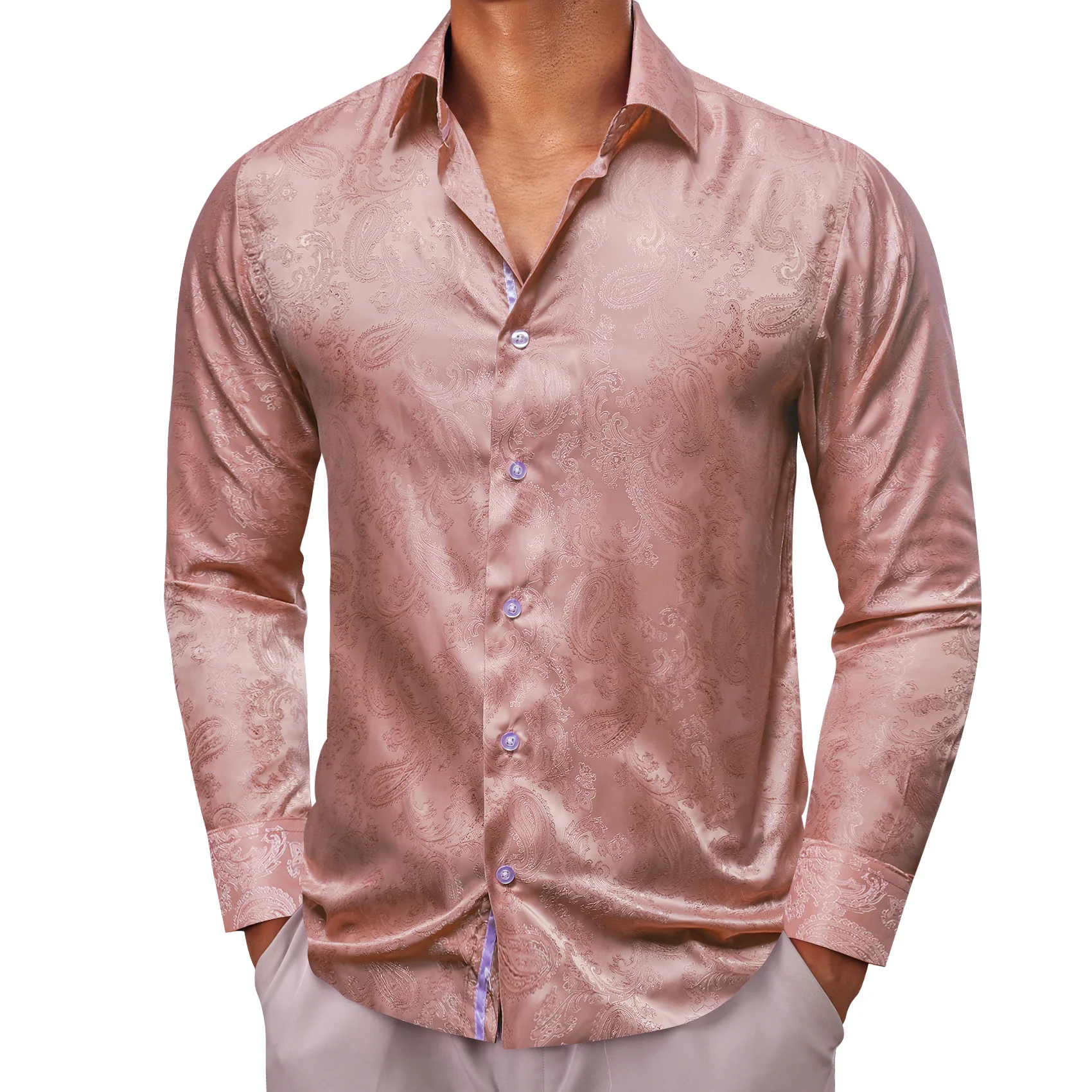 Dark pink Paisley Style Casual Silk Men's Long Sleeve Button Shirt