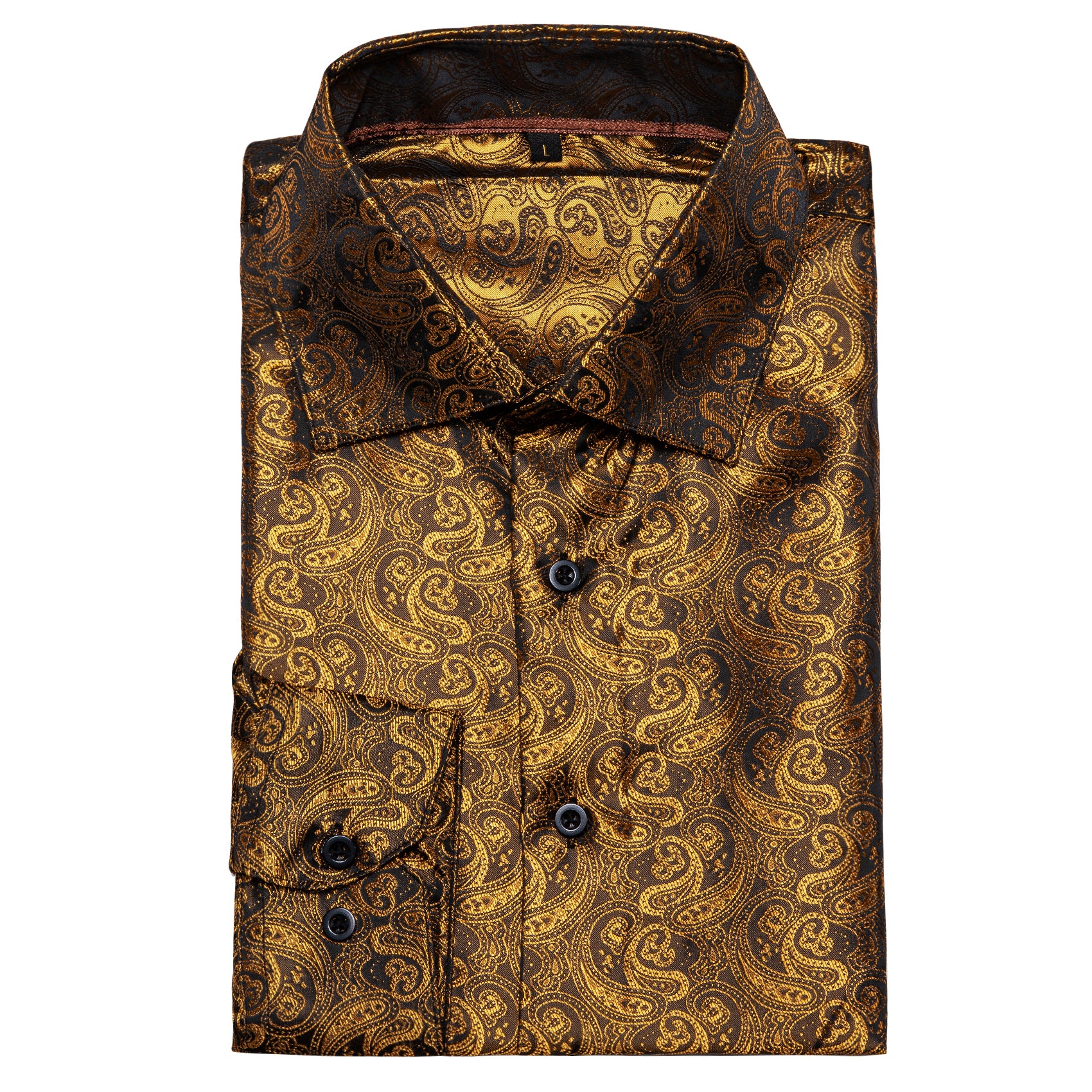 Brown Golden Paisley Pattern Silk Men's Long Sleeve Shirt