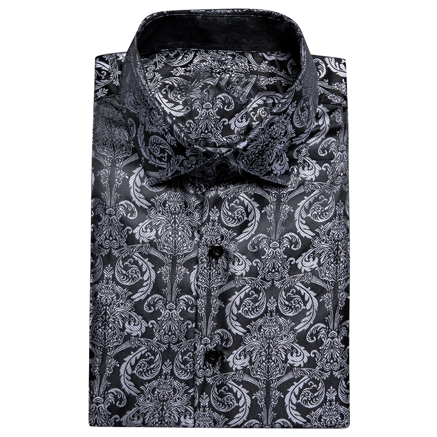 New Silver Black Floral Silk Men's Short Sleeve Shirt