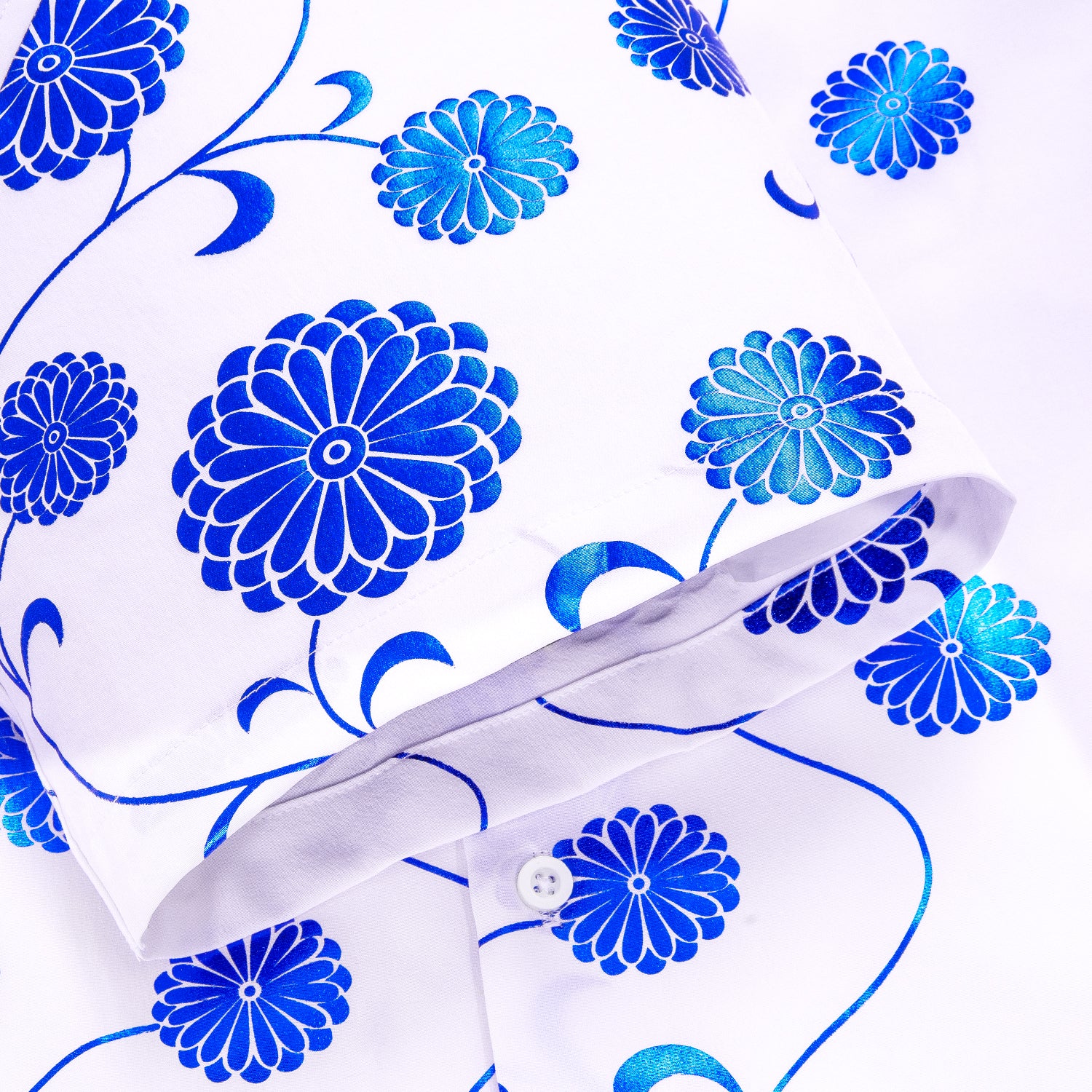 White Shirt with Blue Floral Silk Men's Short Sleeve Shirt