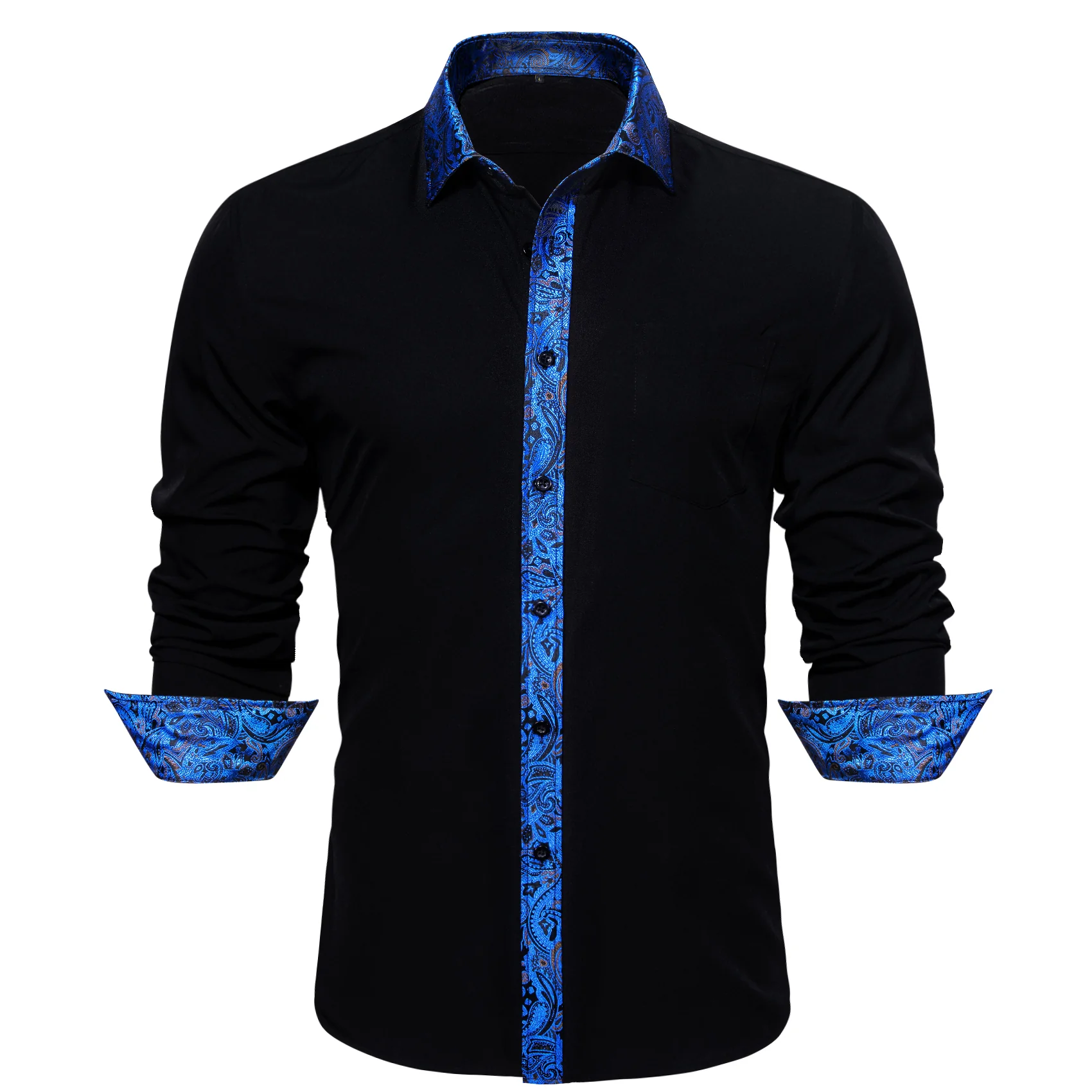 Splicing Style Black with Blue Paisley Edge Men's Long Sleeve Shirt