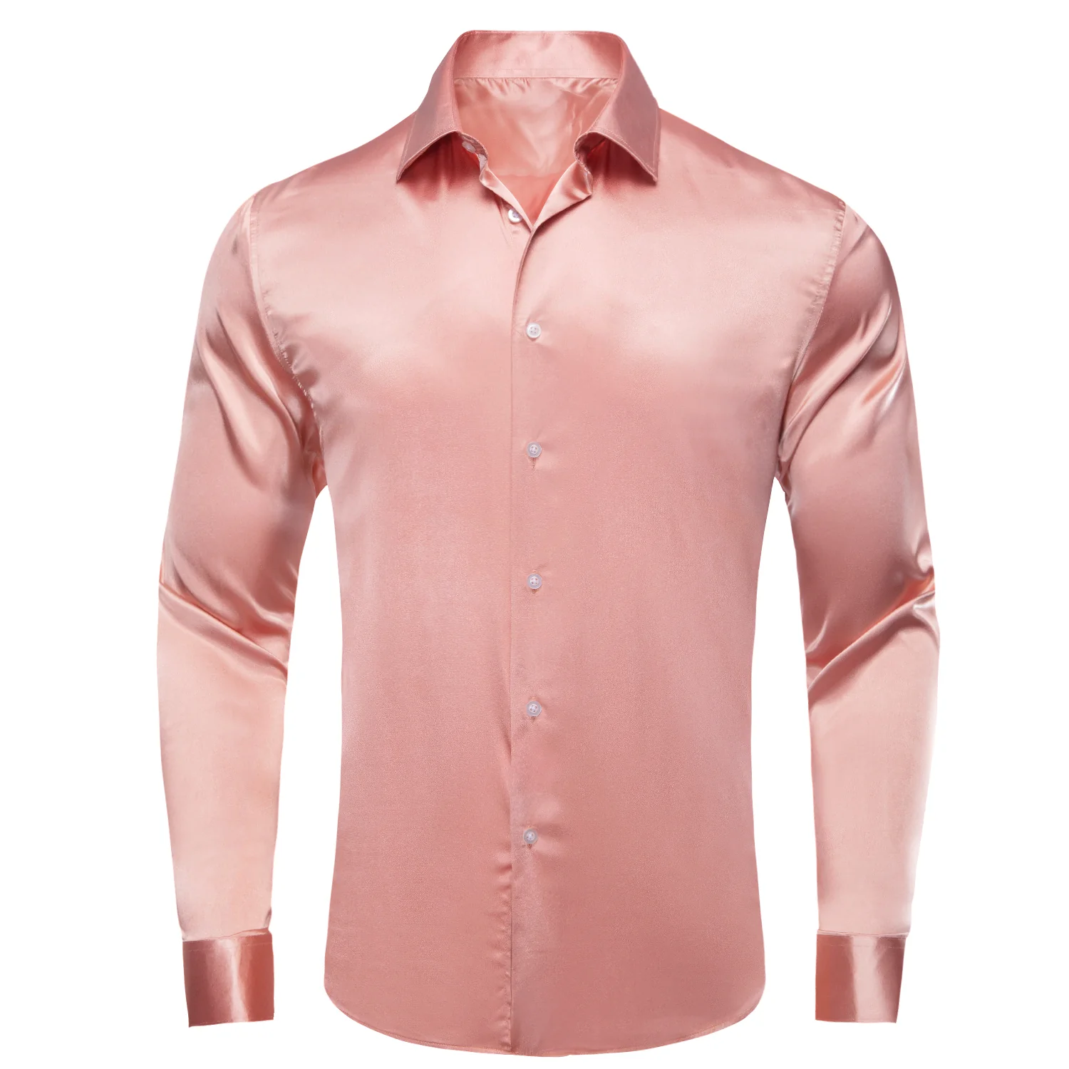 Coral Pink Solid Satin Men's Long Sleeve Shirt