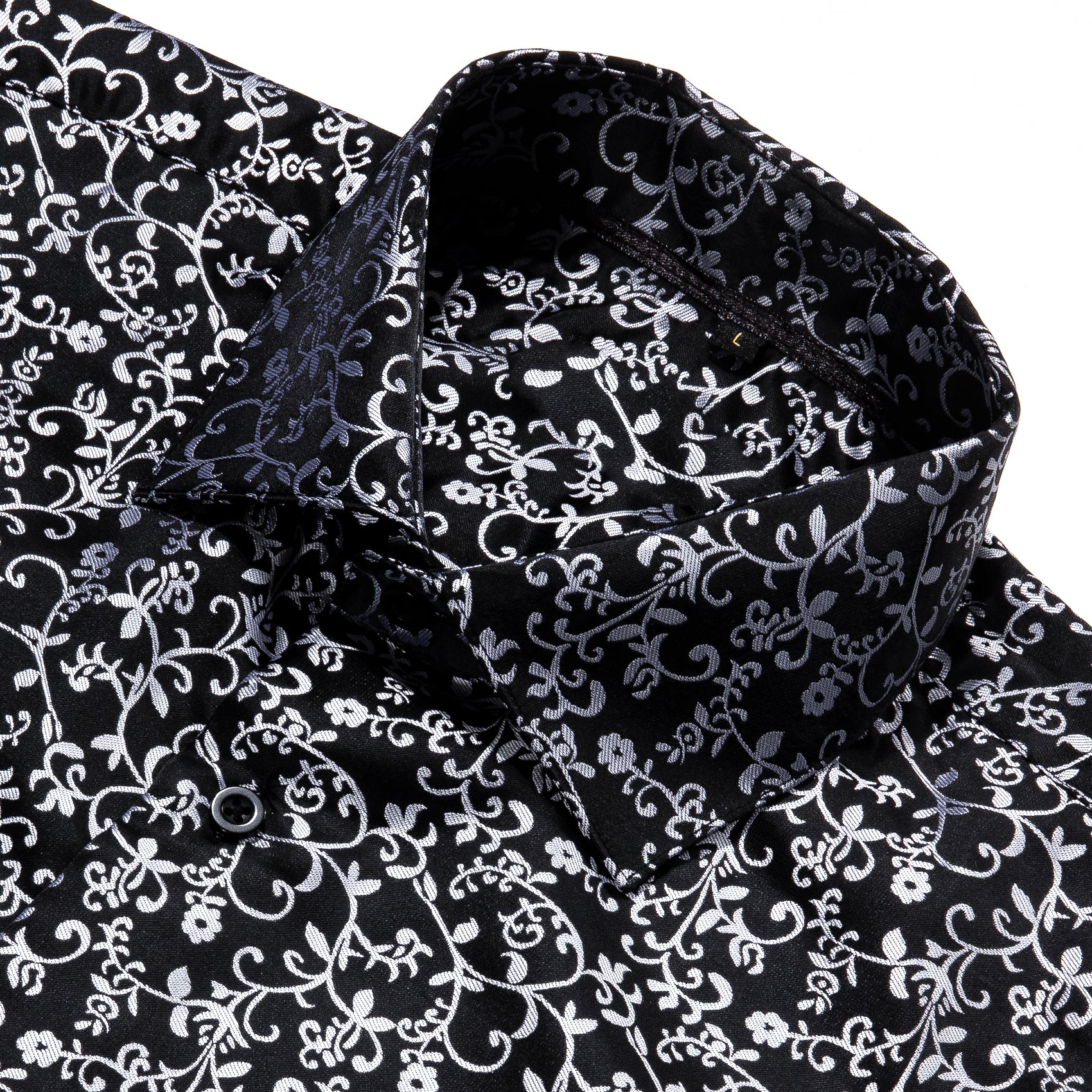 Black White Floral Style Silk Men's Long Sleeve Shirt