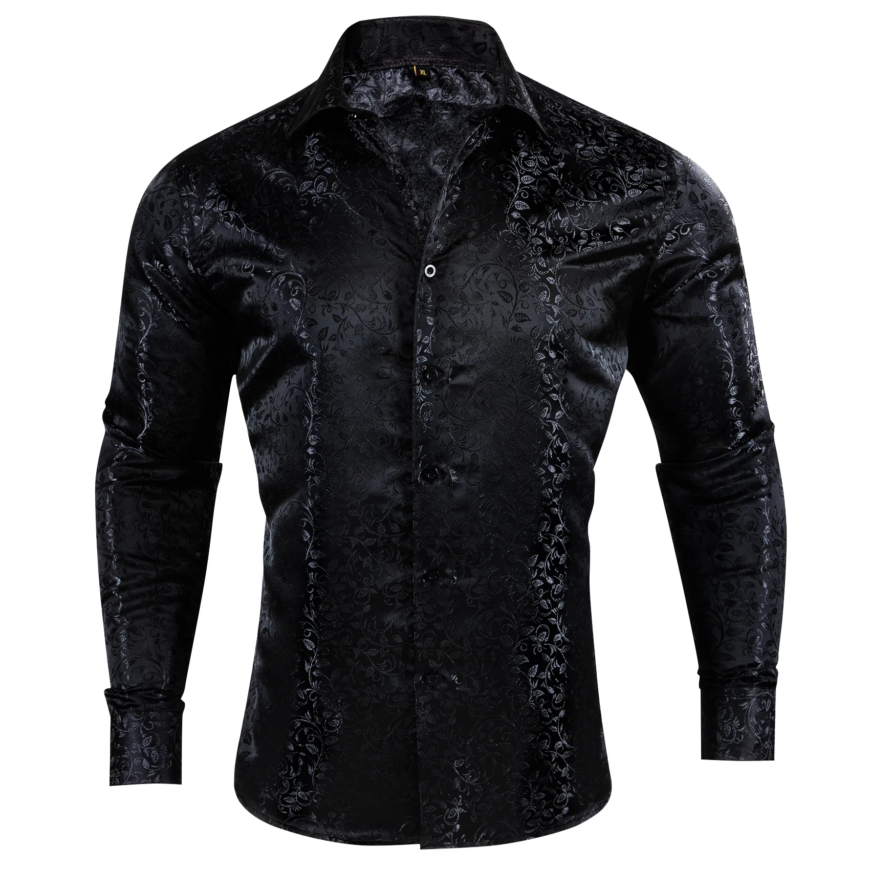Black Floral Pattern Silk Men's Long Sleeve Shirt
