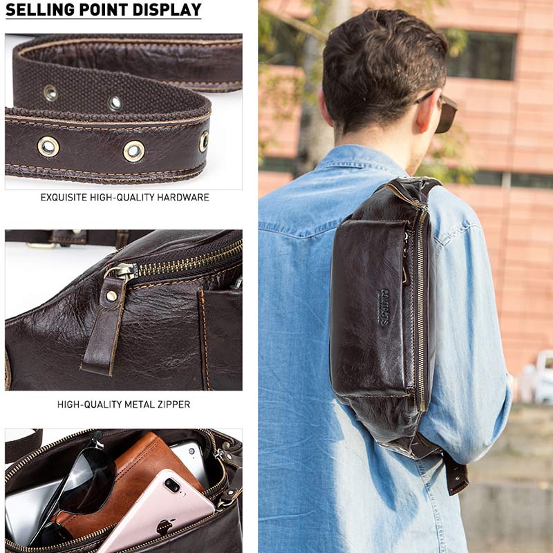 Genuine Leather Waist Bag Chest Bag with Adjustable Belt