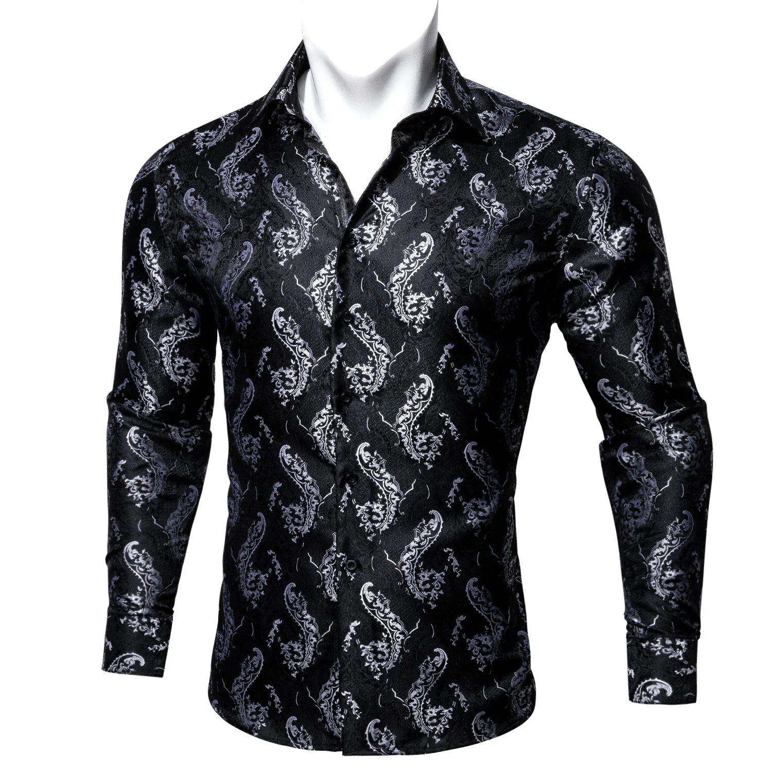 New Black White Floral Style Silk Men's Long Sleeve Shirt