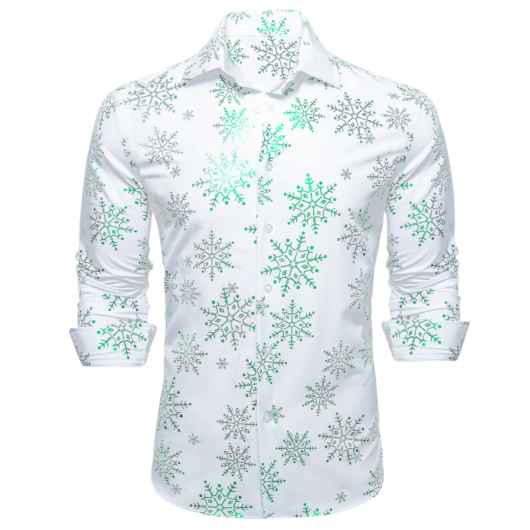 Christmas New White with Green Snowflake Floral Men's Long Sleeve Shirt