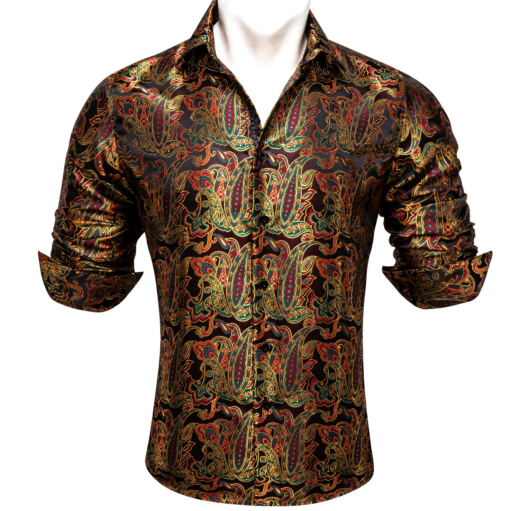 Golden Red Paisley Flower Pattern Silk Men's Long Sleeve Shirt