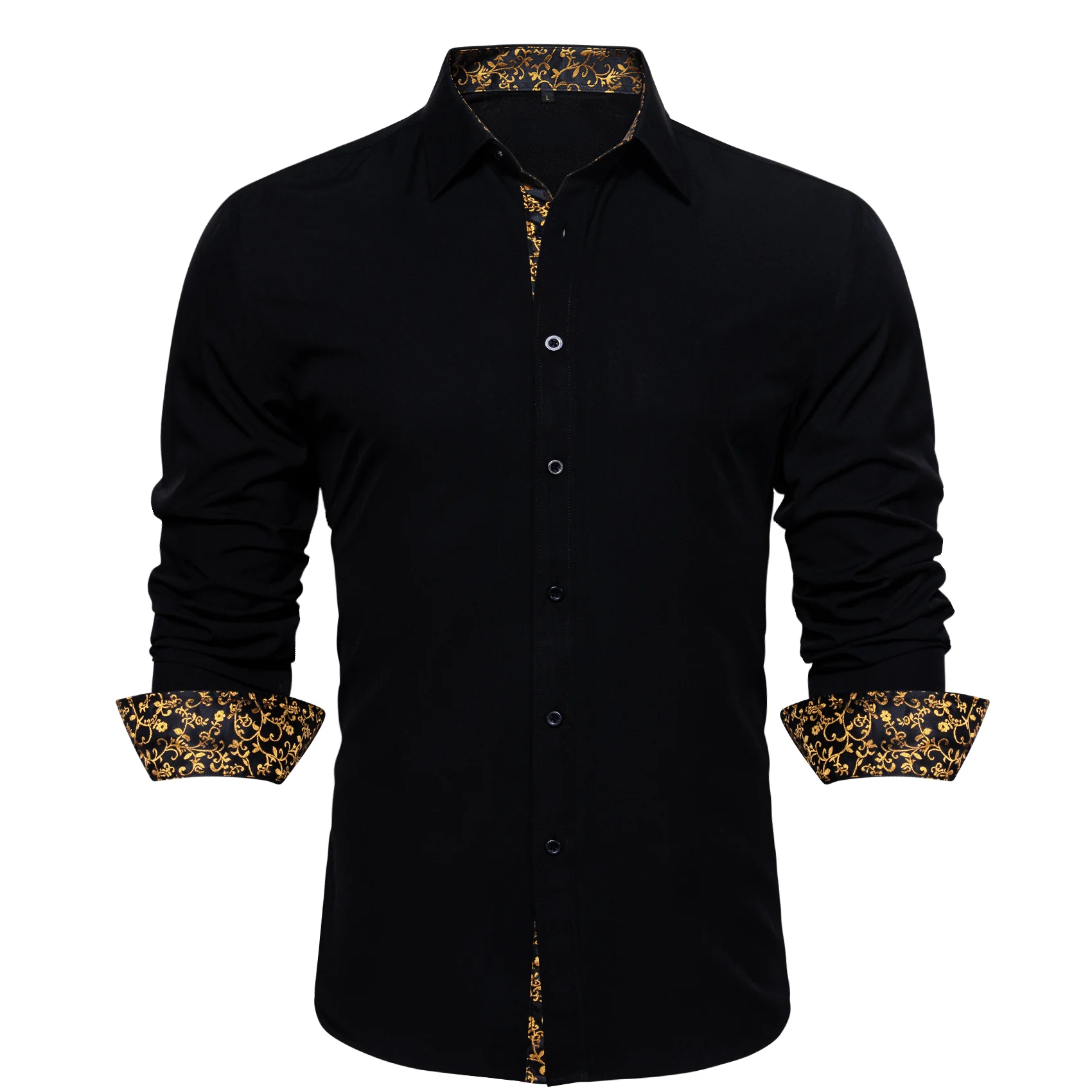 New Splicing Style Black with Golden Floral Edge Men's Long Sleeve Shirt