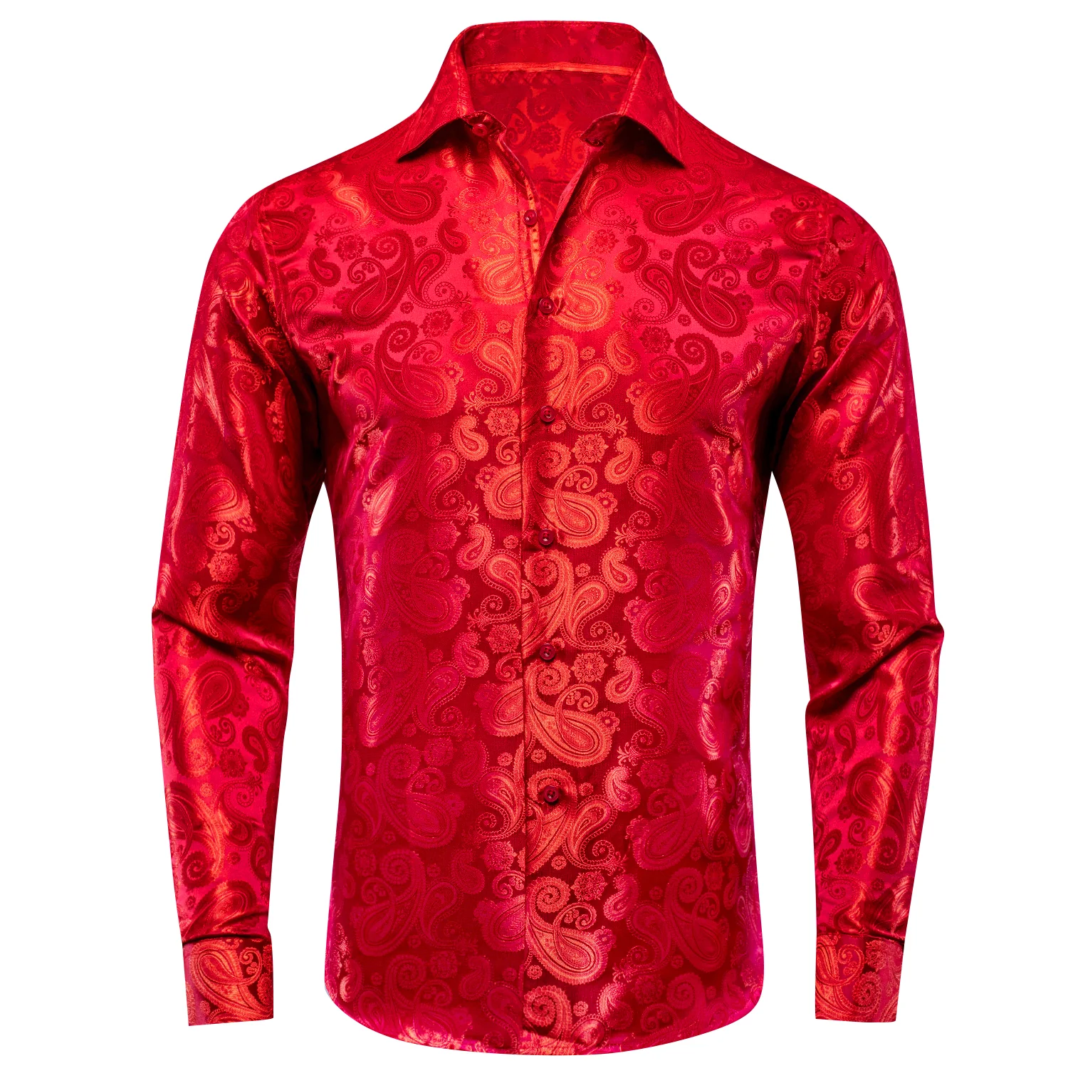 Pure Red Paisley Pattern Silk Men's Long Sleeve Shirt