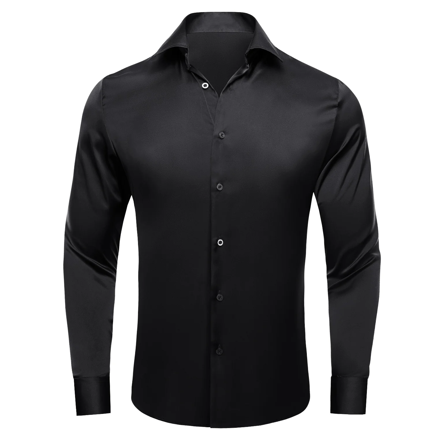 Black Solid Satin Chiffon Non-stretch Men's Long Sleeve Shirt