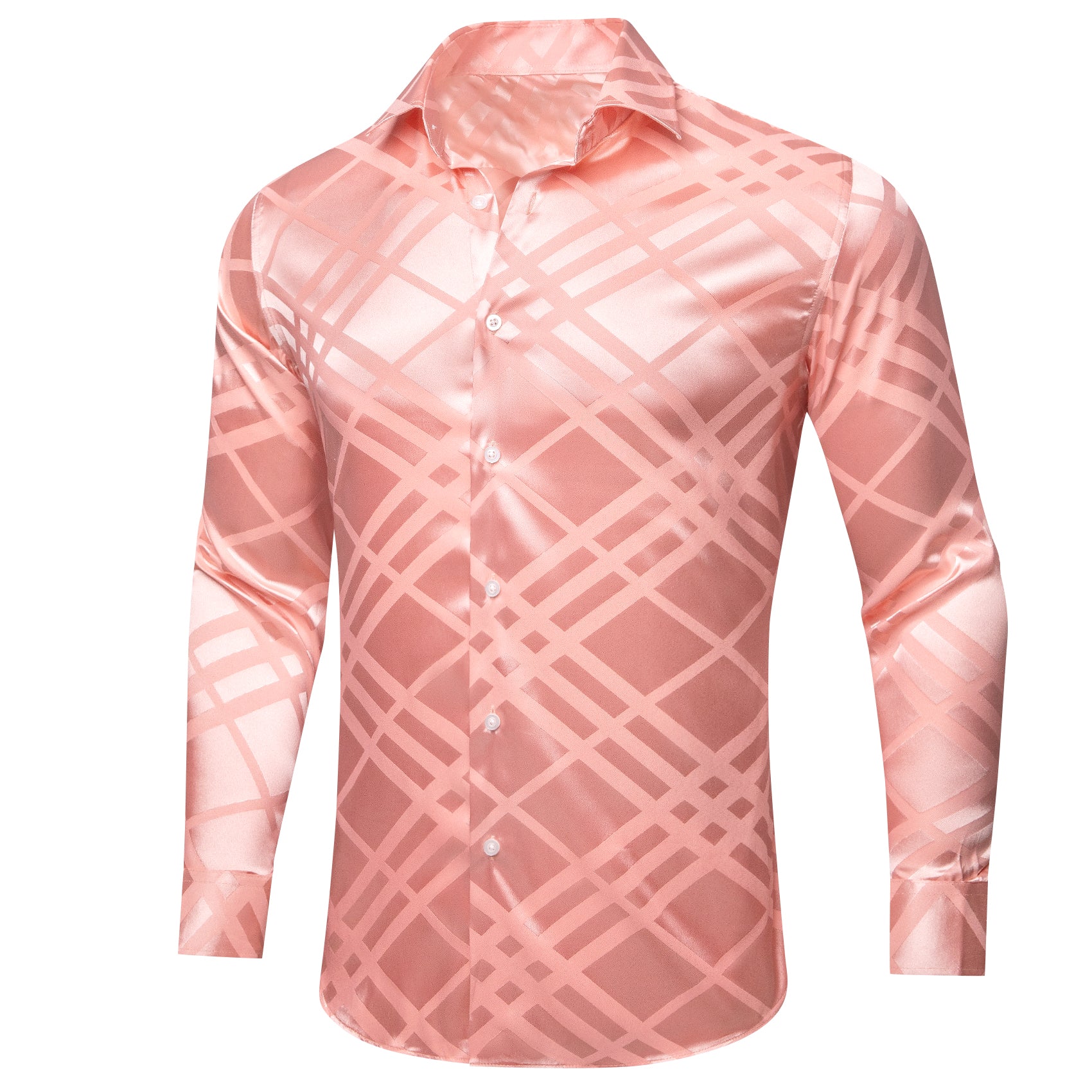 Baby Pink Plaid Silk Men's Long Sleeve Shirt