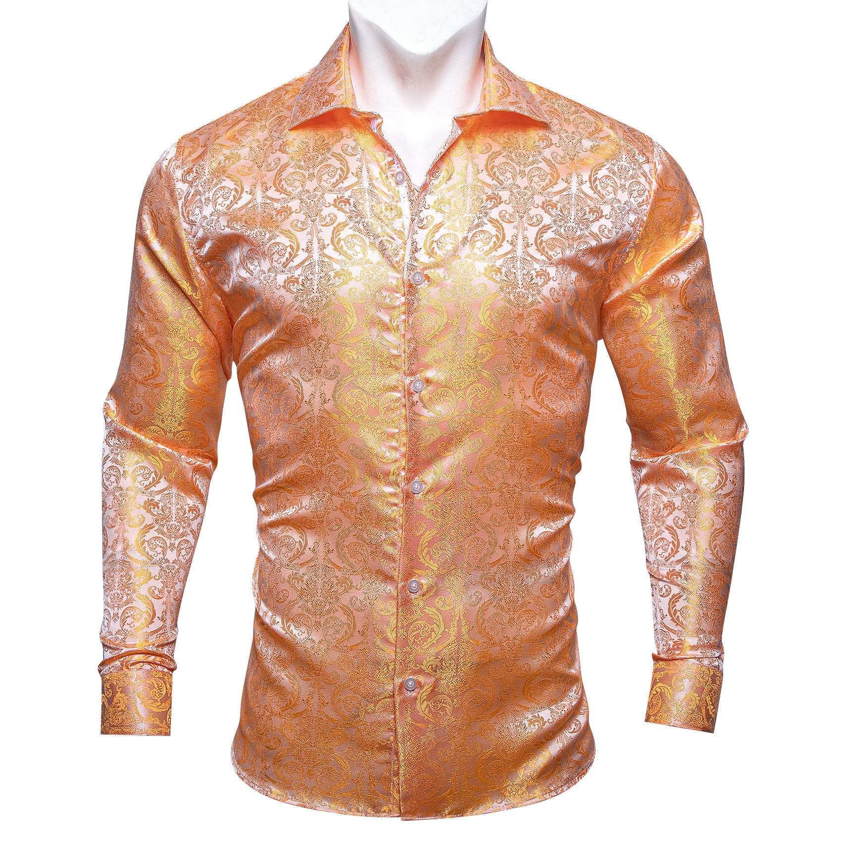 New Light Orange Floral Pattern Silk Men's Long Sleeve Shirt