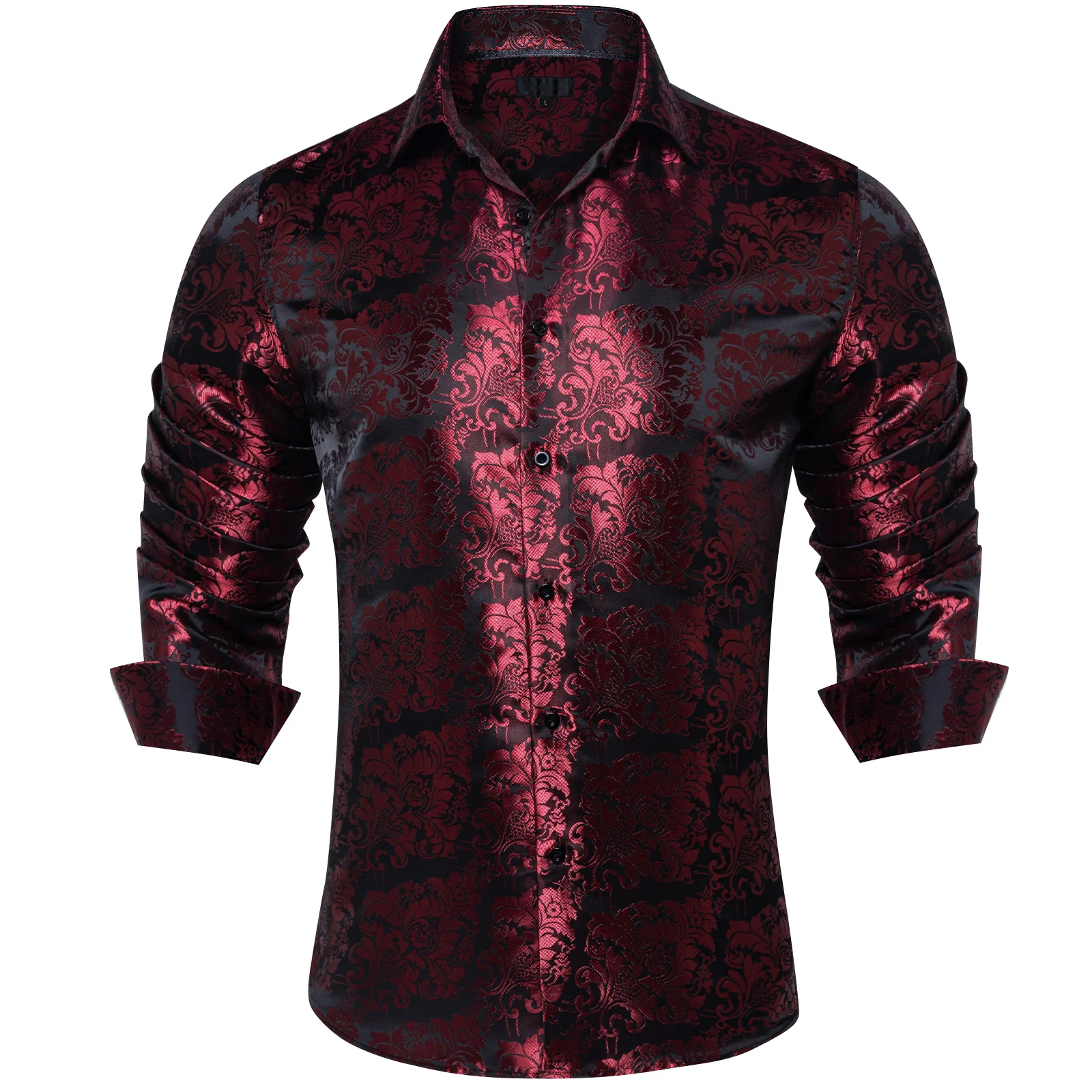 Maroon Floral Silk Men's Long Sleeve Shirt
