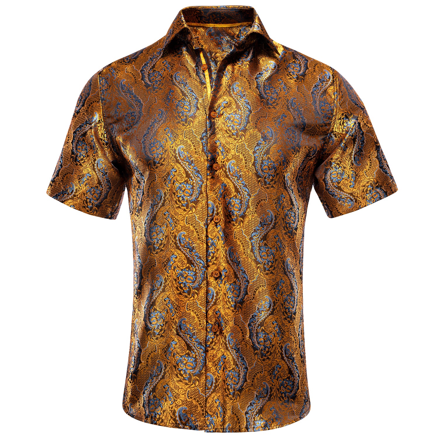 New Golden with Blue Paisley Silk Men's Short Sleeve Shirt