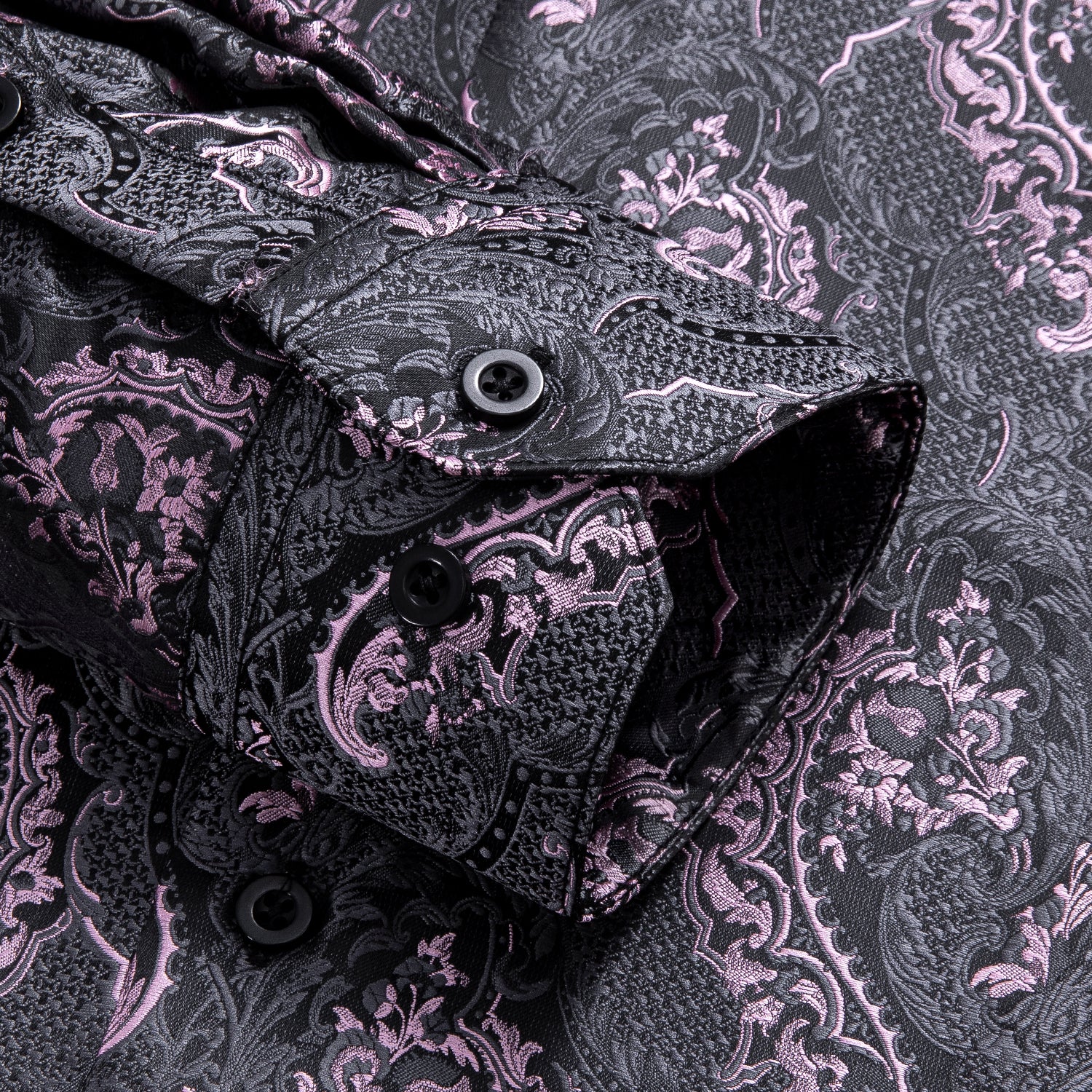 Grey Pink Paisley Pattern Silk Men's Long Sleeve Shirt