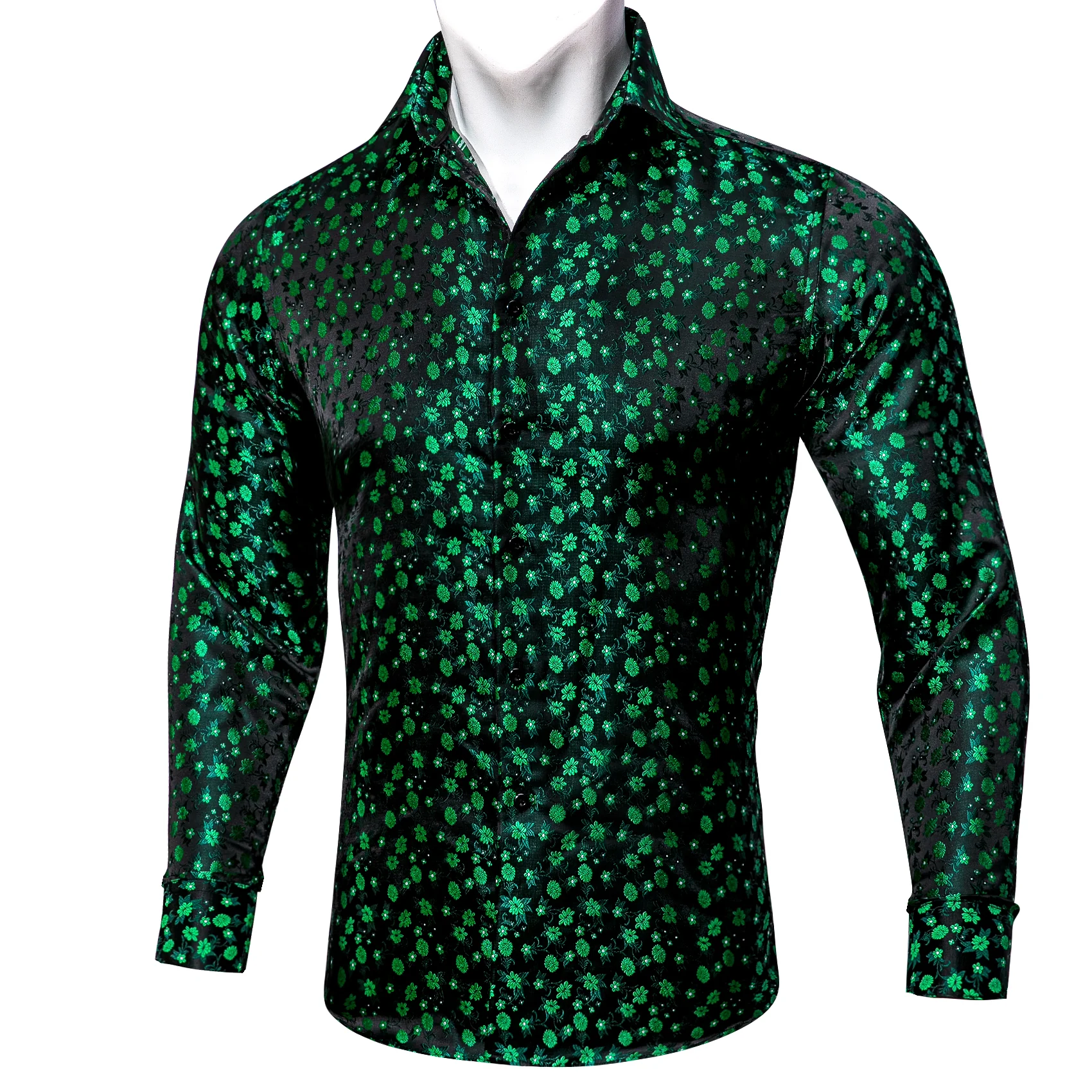 Green Floral Silk Men's Long Sleeve Shirt