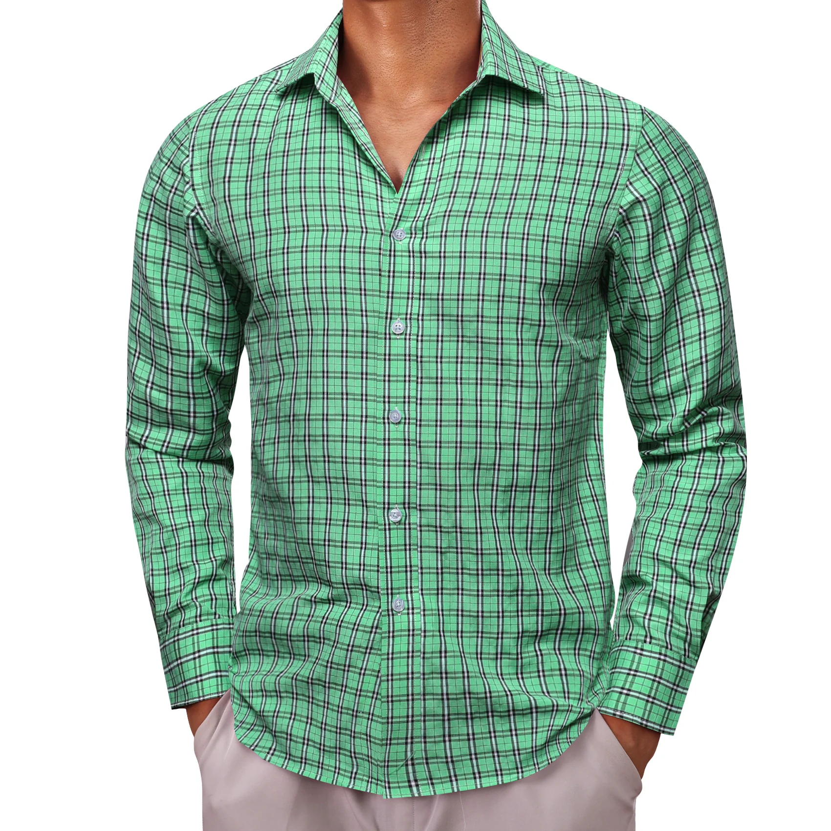 Green Black Plaid Men's Long Sleeve Work Shirt