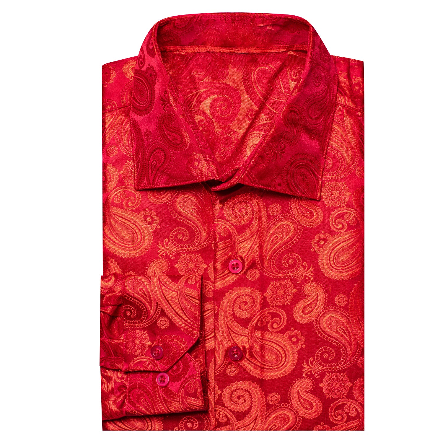 Pure Red Paisley Pattern Silk Men's Long Sleeve Shirt