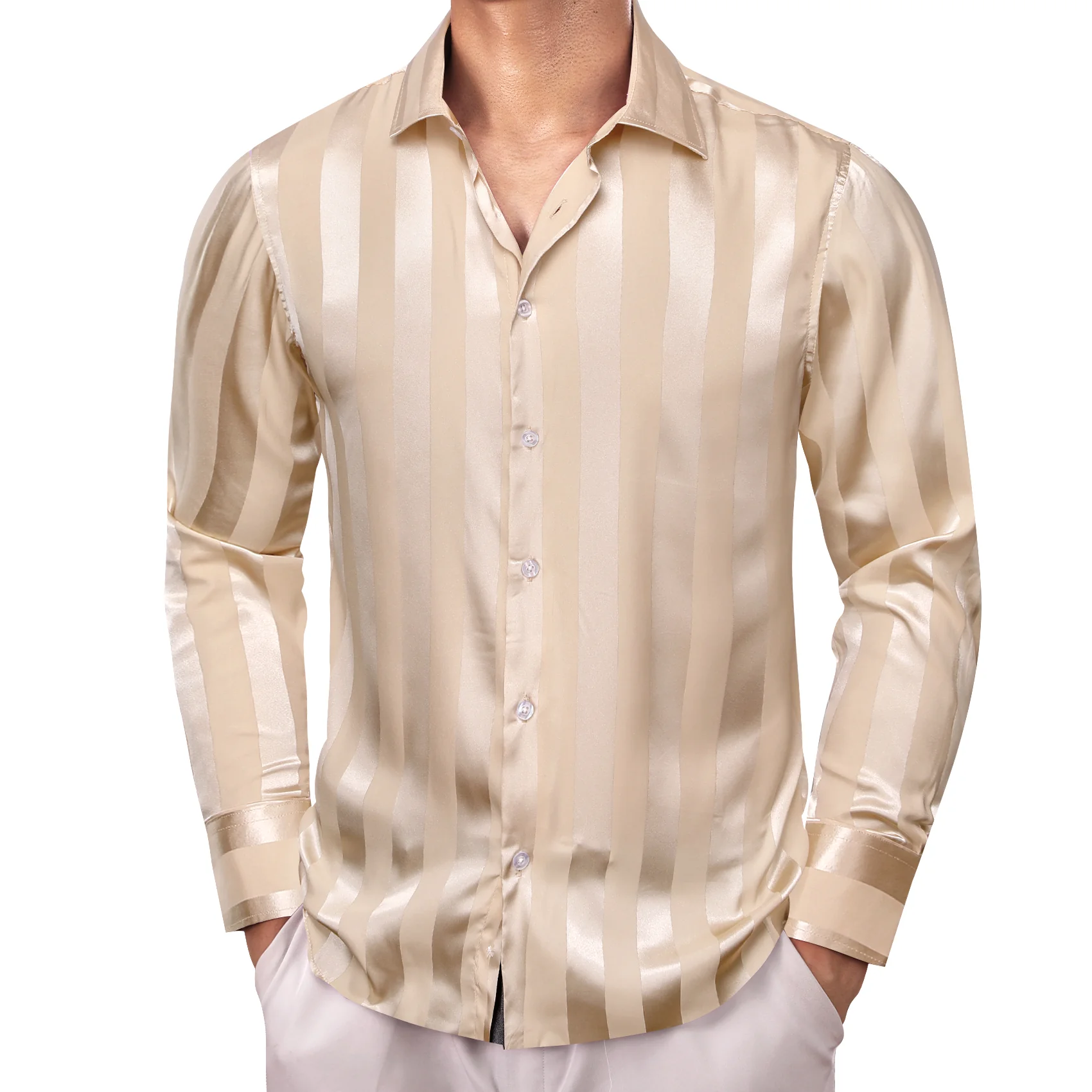 Beige Striped Shiny Satin Men's Long Sleeve Shirt