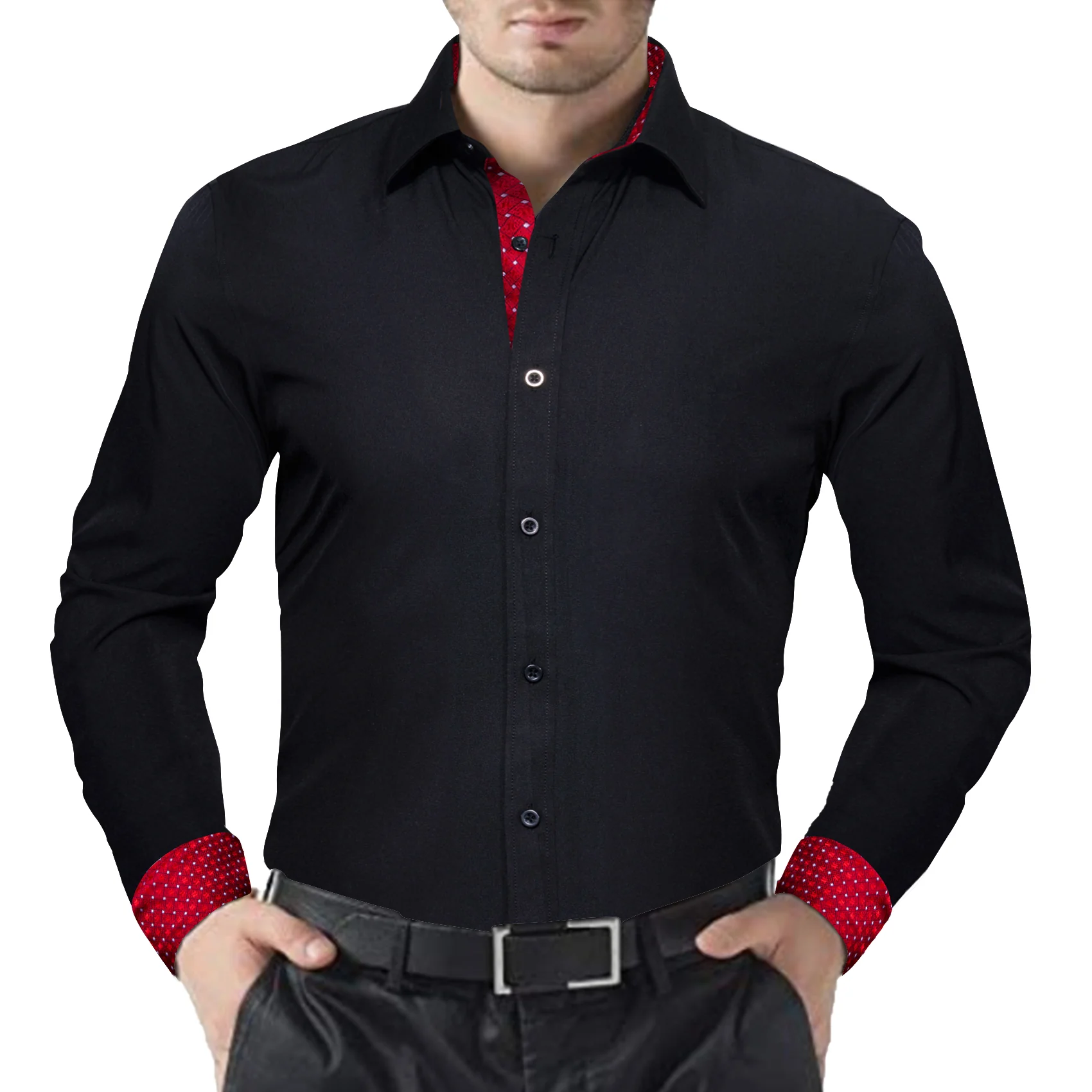 Splicing Style Black with Red White Plaid Edge Men's Long Sleeve Shirt