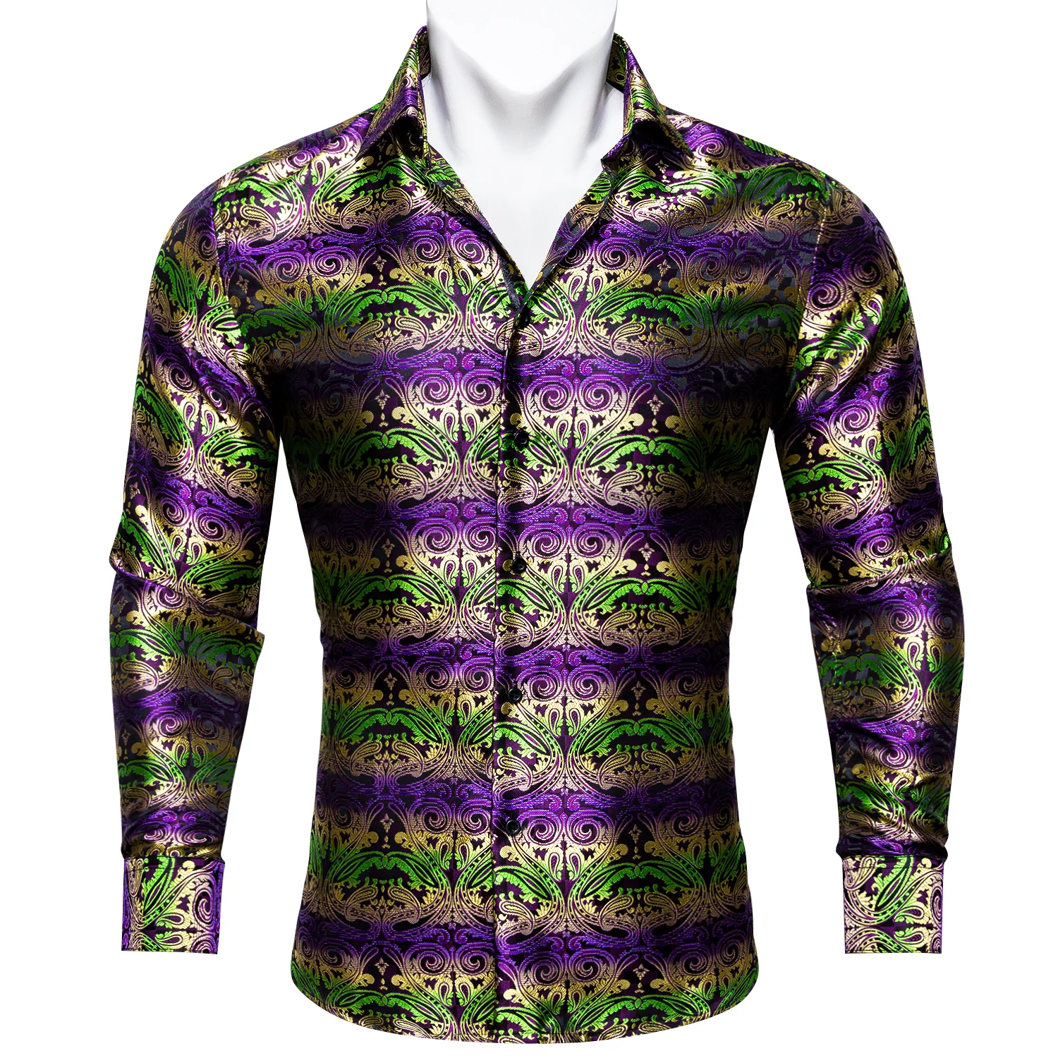 New Purple Green Brown Gradient Paisley Style Silk Men's Long Sleeve Shirt