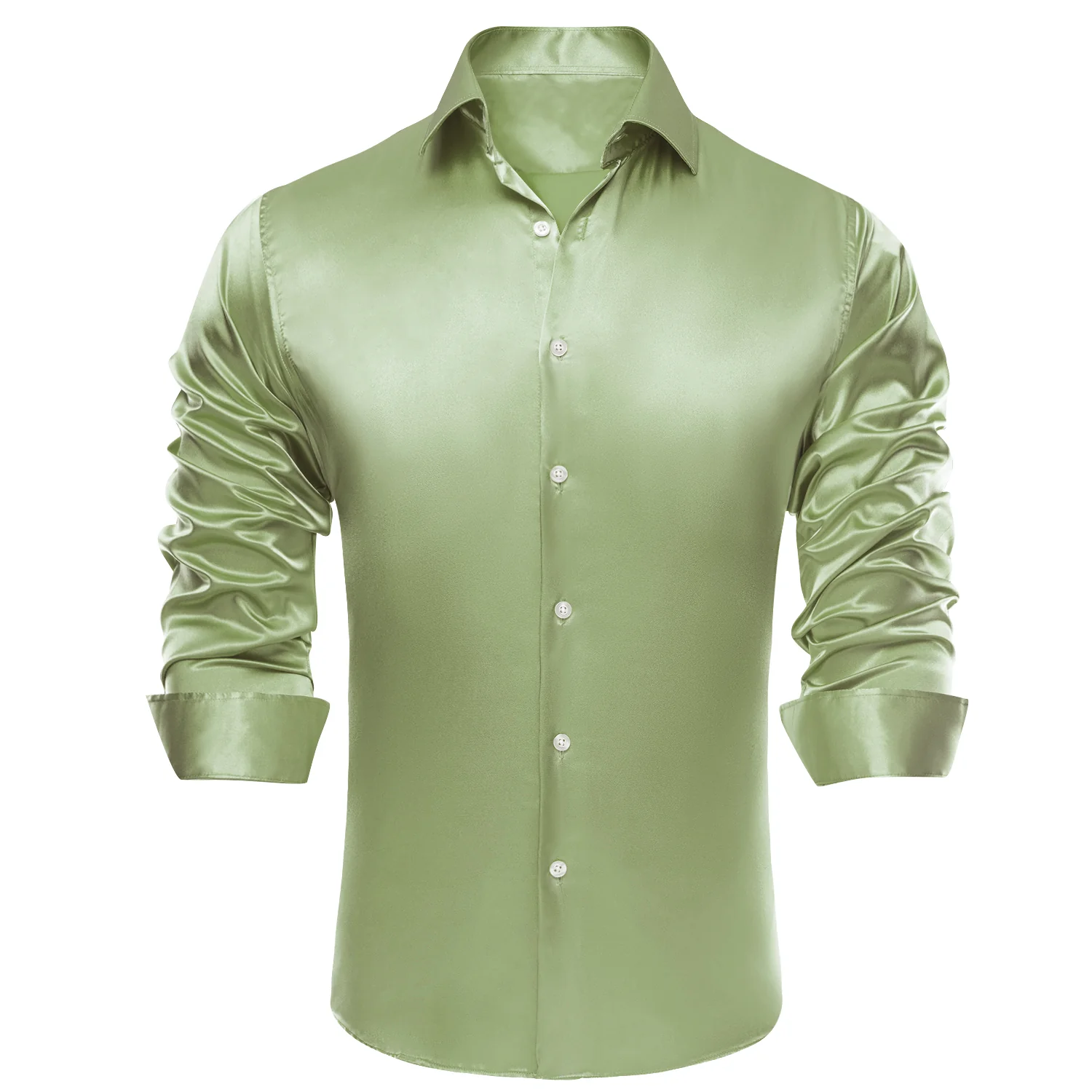 Avocado Green Solid Satin Silk Men's Long Sleeve Business Shirt