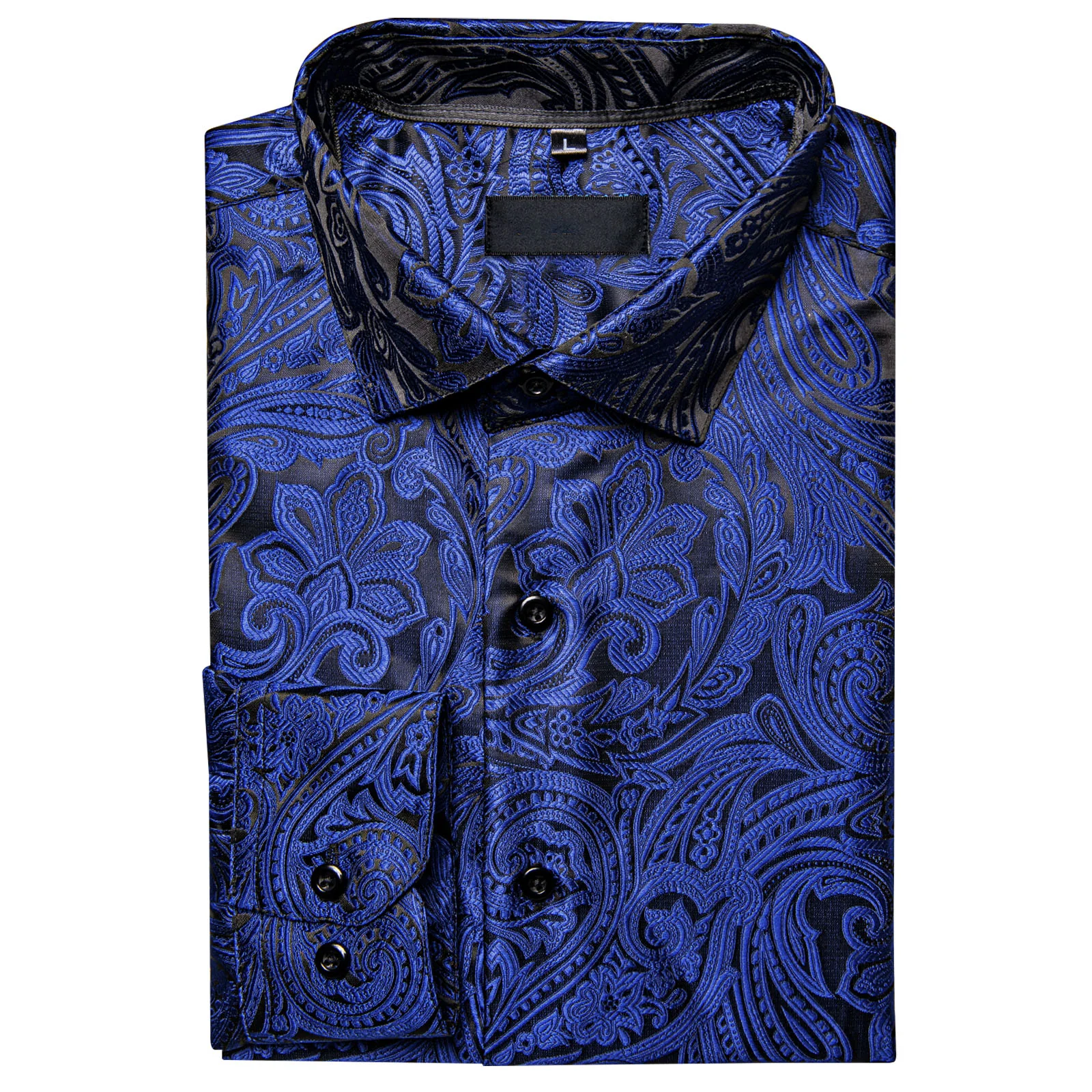 New Royal Blue Black Paisley Silk Men's Long Sleeve Shirt