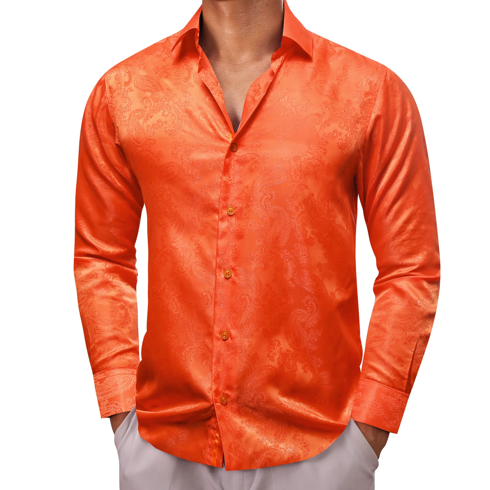 Orange Paisley Style Casual Silk Men's Long Sleeve Button Shirt