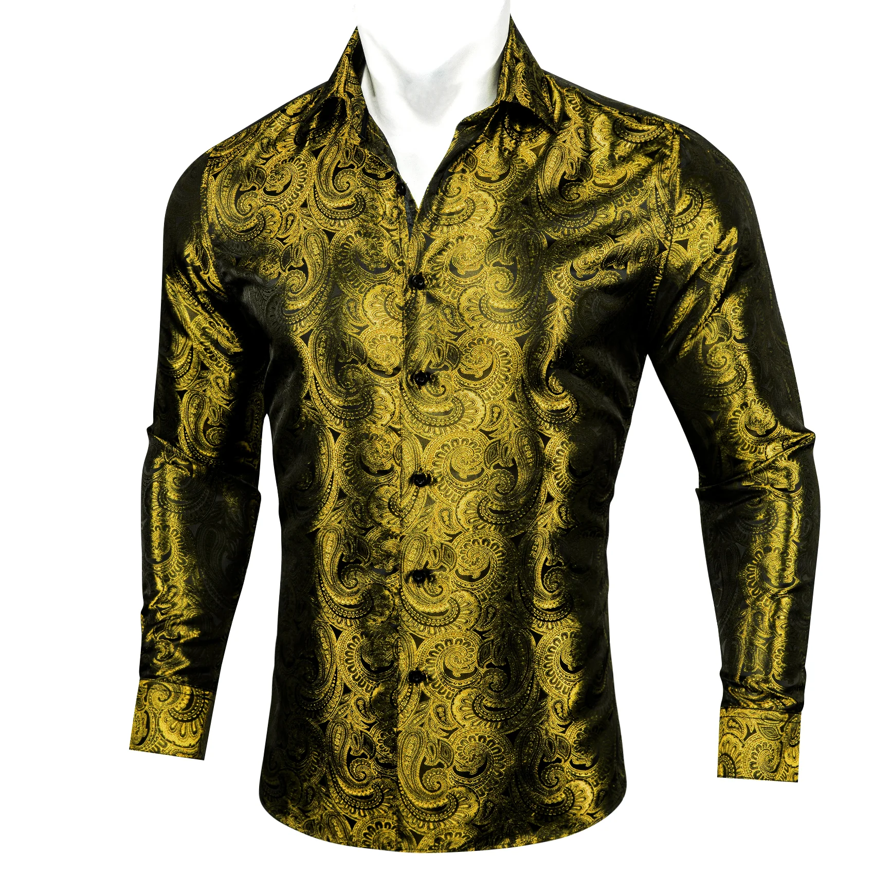 Dark Yellow Paisley Pattern Silk Men's Long Sleeve Shirt
