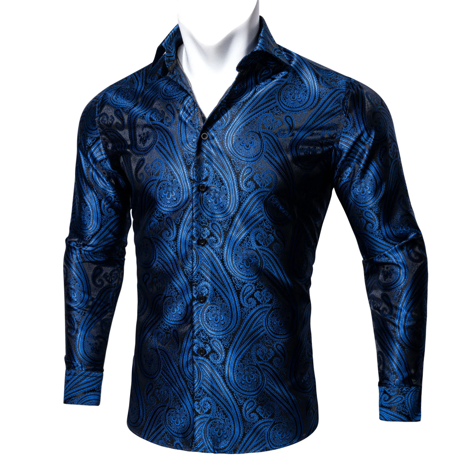 New Blue Black Paisley Style Silk Men's Long Sleeve Shirt