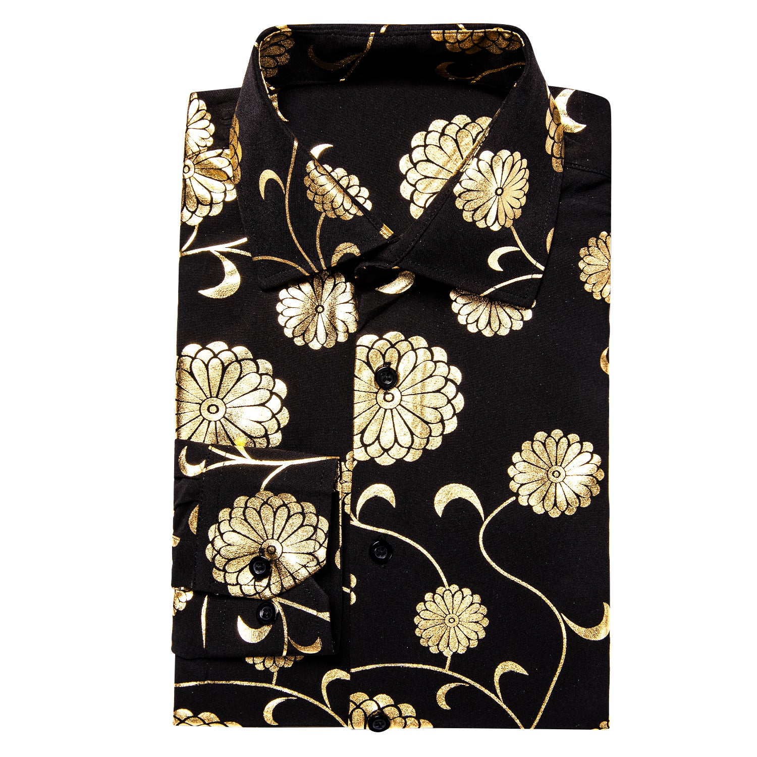 Black with Champagne Floral Pattern Silk Men's Long Sleeve Shirt