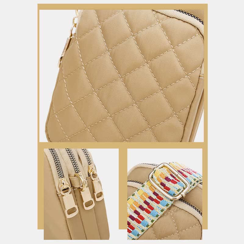 Triple Zip Quilted Crossbody Phone Bag Sling Purse for Women Girls