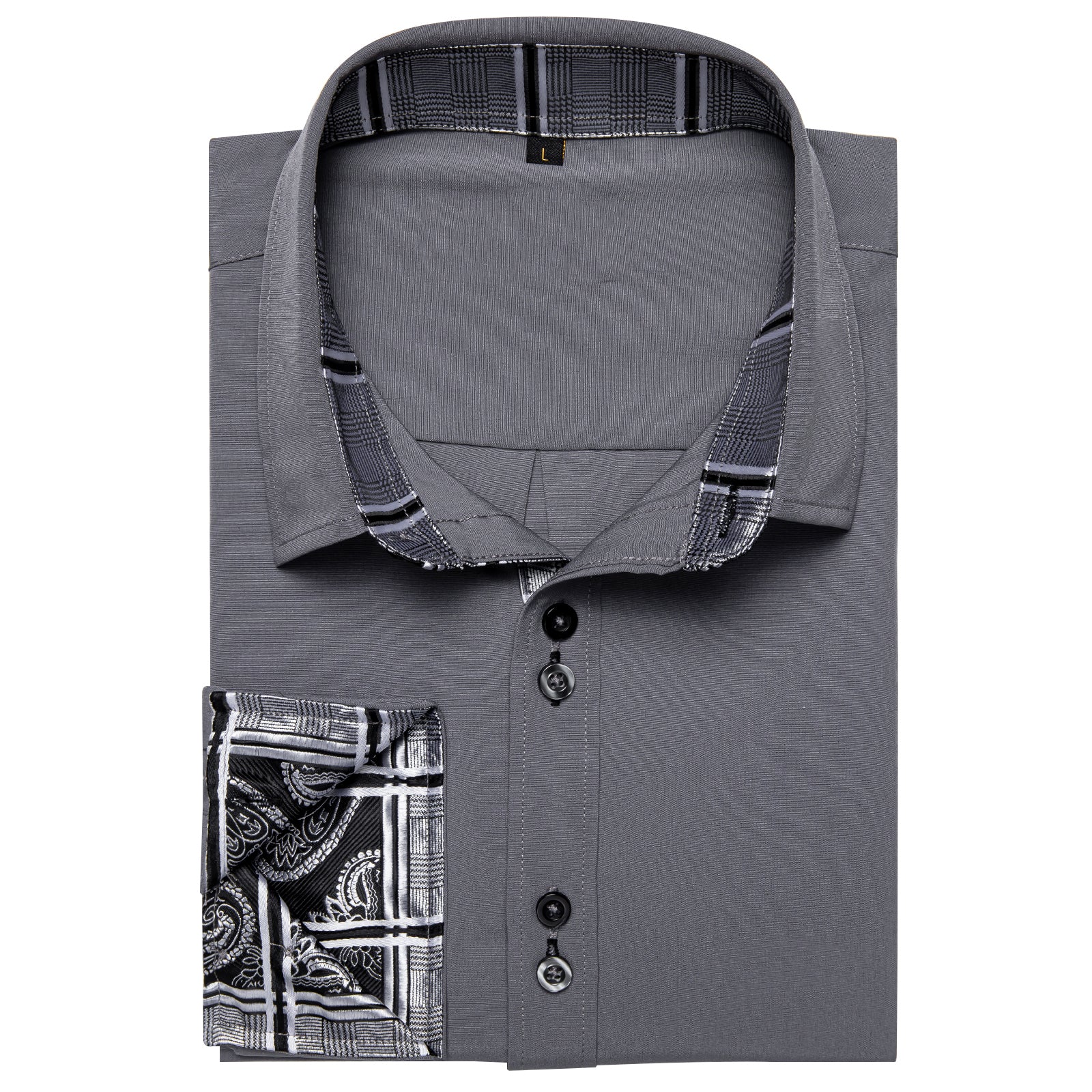 New Splicing Style Grey with Grey Plaid Edge Men's Long Sleeve Shirt
