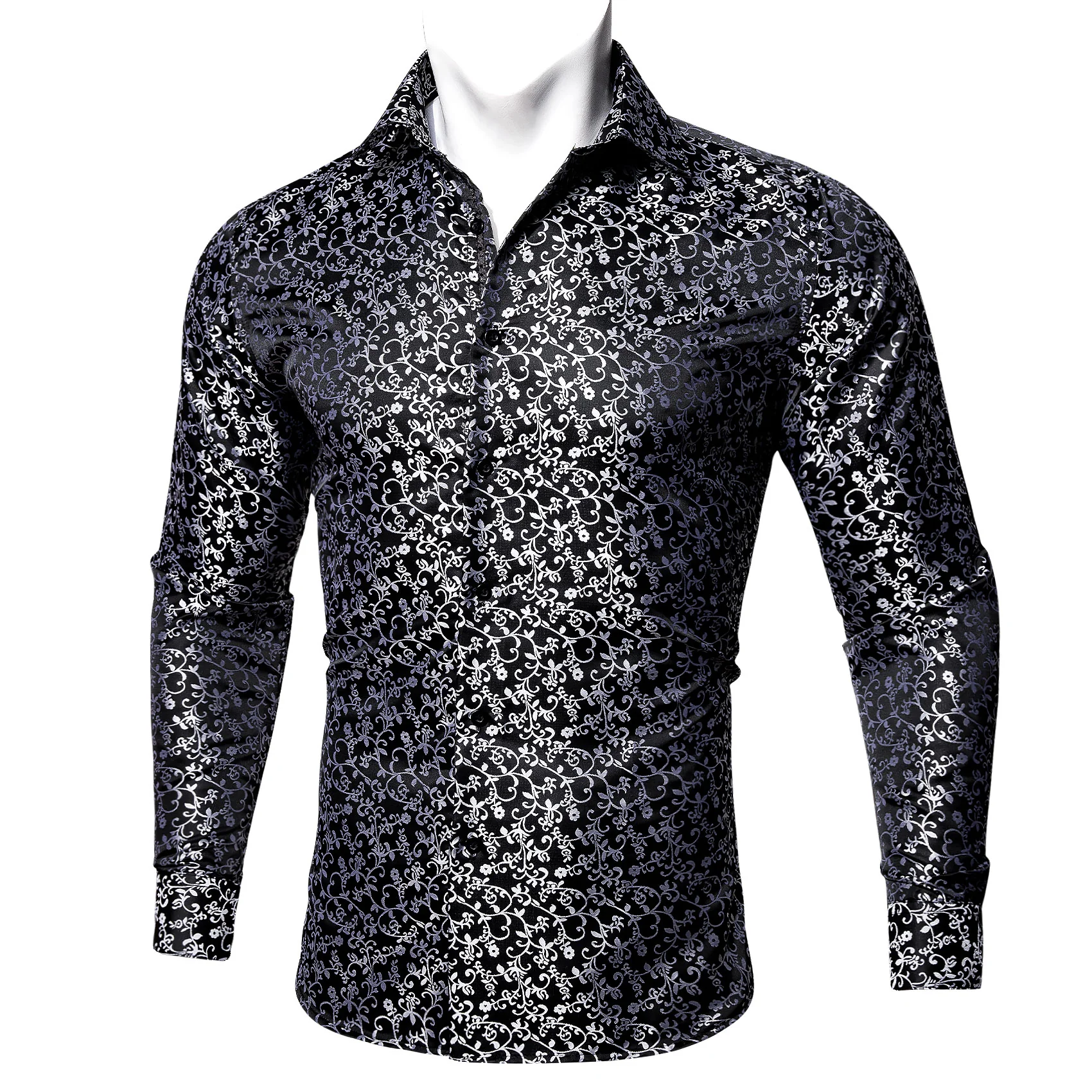 Black White Floral Style Silk Men's Long Sleeve Shirt