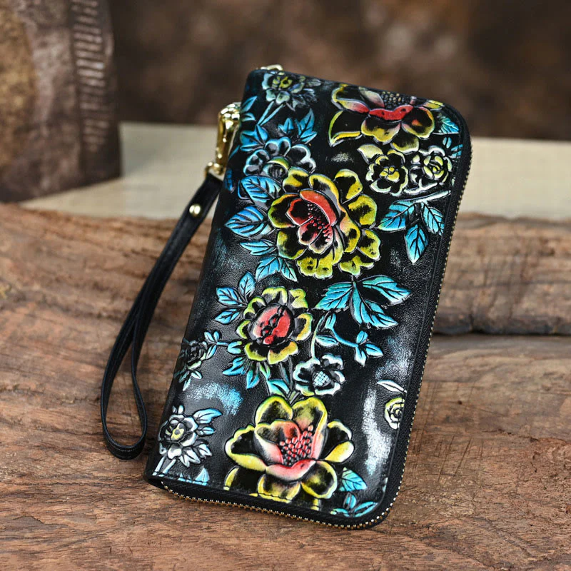 Wallet For Women Genuine Leather Retro Printing Large Capacity Purse