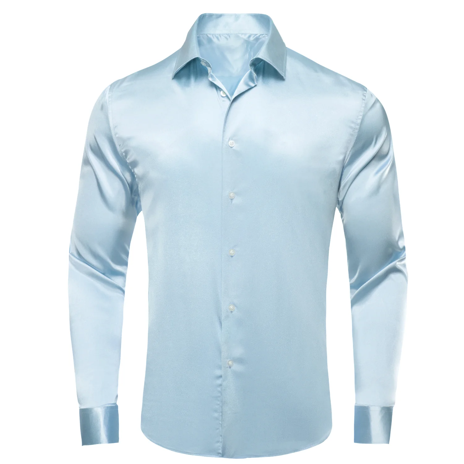 Baby Blue Solid Satin Men's Long Sleeve Shirt