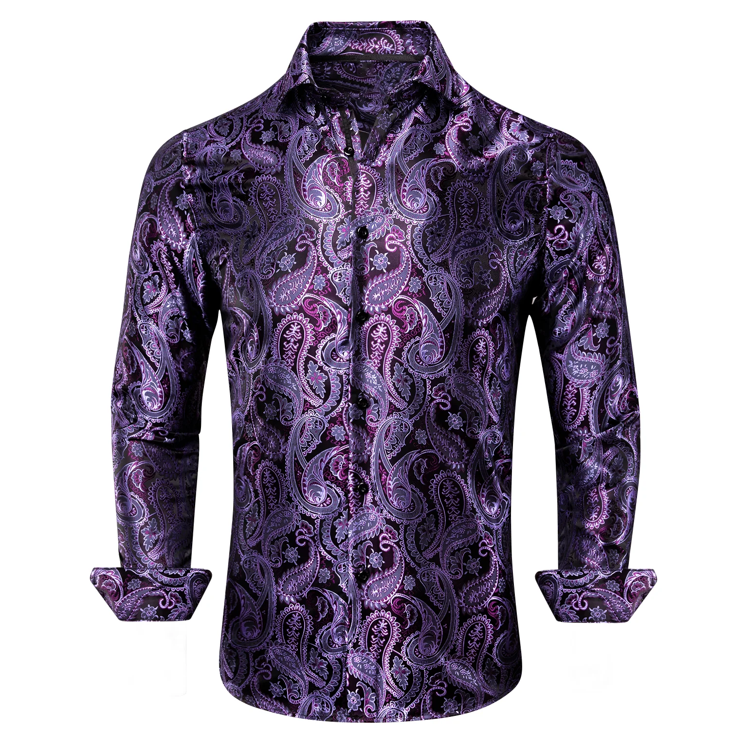 Luxury Purple Paisley Pattern Silk Men's Long Sleeve Shirt