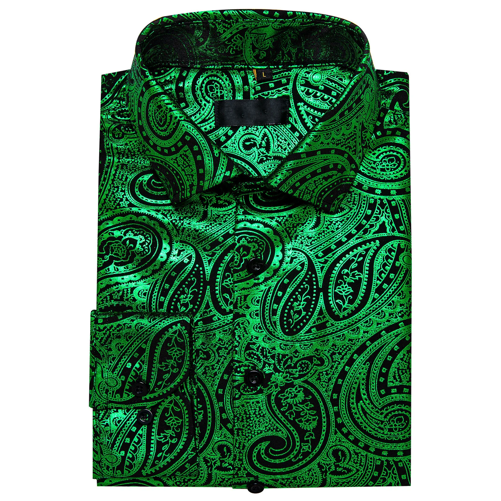 Emerald Green Black Paisley Flower Hot Stamping Men's Long Sleeve Shirt